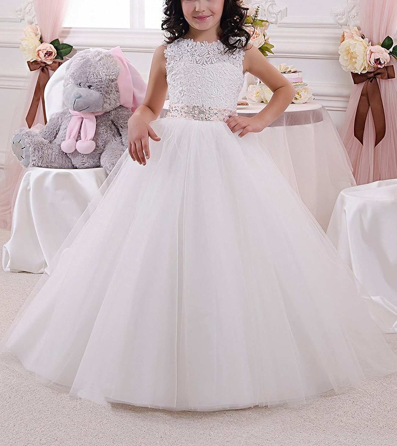 Elegant Long Flower Girl Dress with Lace Beading & Tulle Ball Gown - First Communion Dresses for Girls - US Size 8 Ivory - Perfect for Weddings, Baptisms & Special Occasions