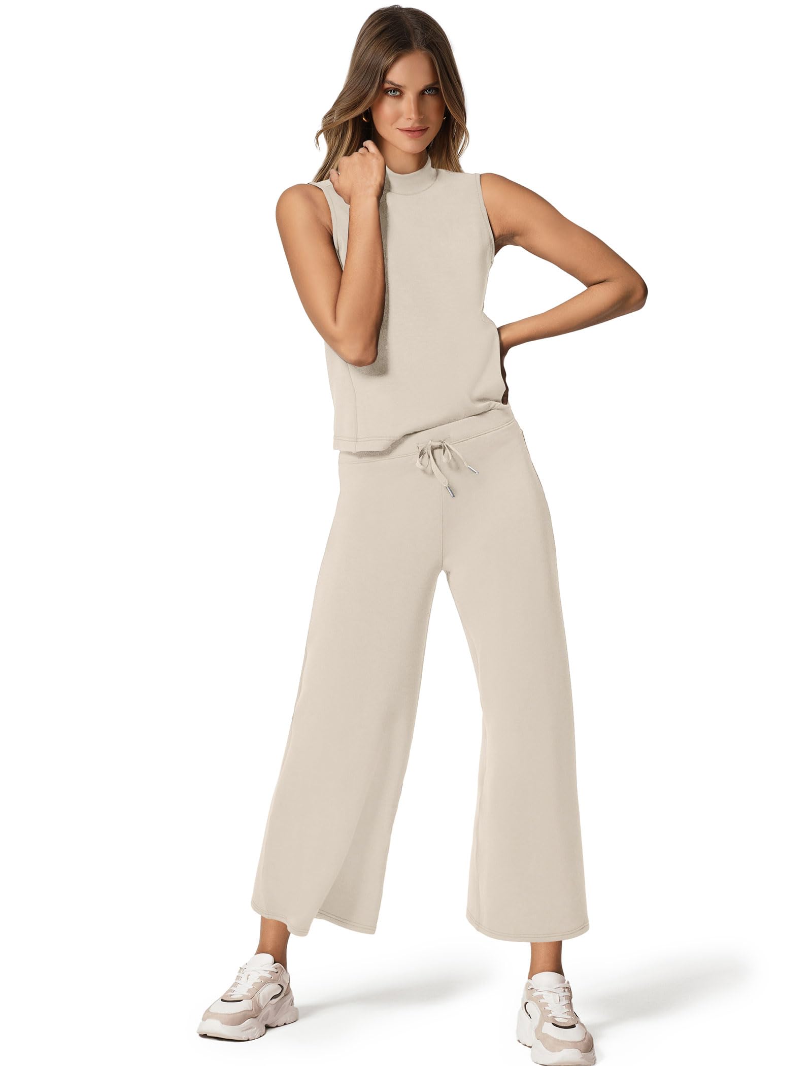 Women's Summer Two Piece Sets - SAMPEEL Mock Neck Tops & Wide Leg Crop Pants Lounge Outfits for Vacation, Travel & Casual Wear | Breathable Comfort Outfit for Beach, Yoga & Everyday Fashion