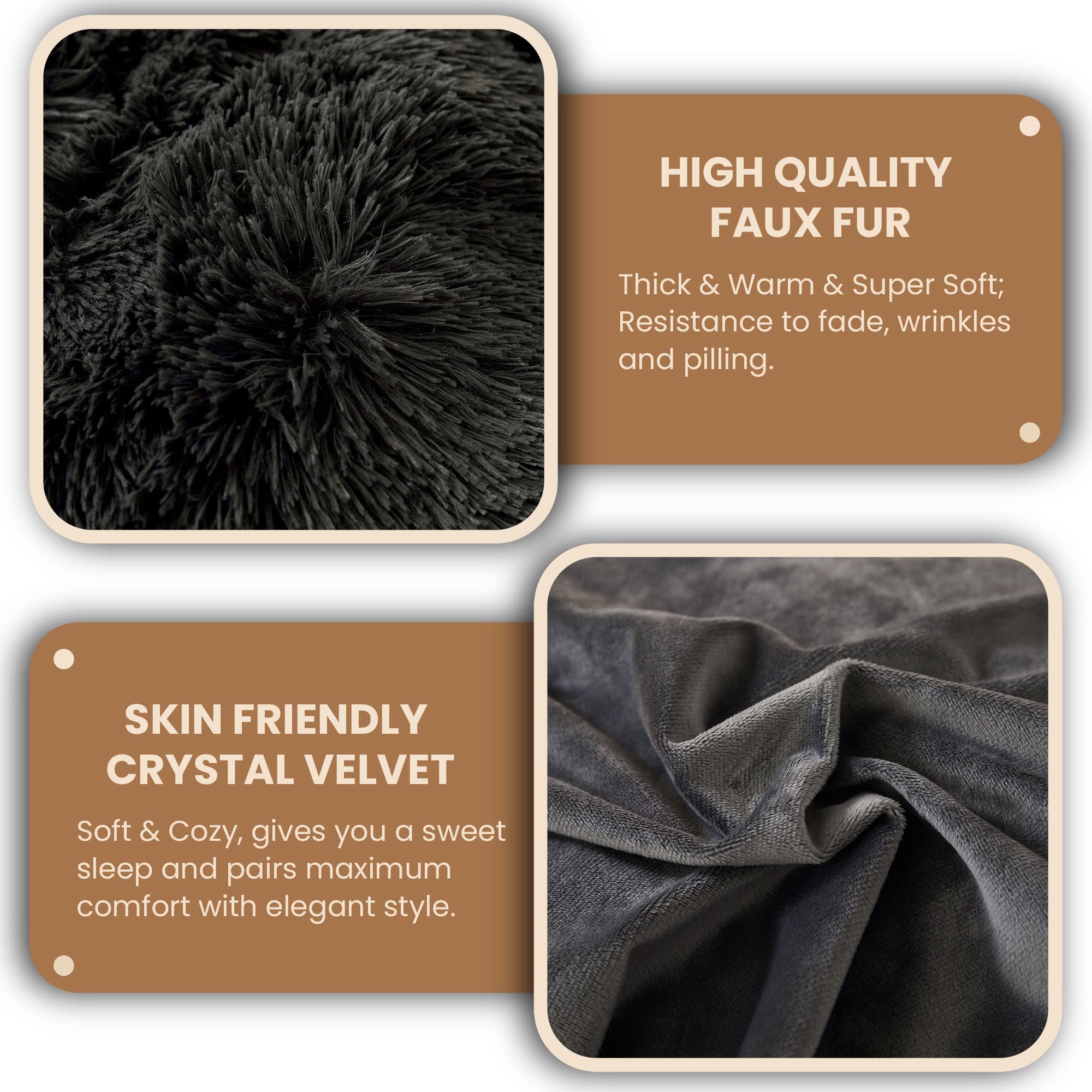 Luxury Shaggy Plush Duvet Cover Set - Soft 3-Piece Fluffy Faux Fur Comforter Cover Queen Size, Fuzzy Velvet Bedding with Zipper Closure (1 Duvet Cover + 2 Pillowcases) for Cozy Winter Nights - Dark Grey