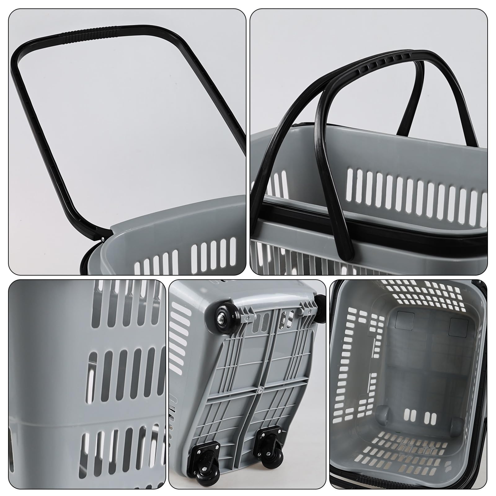 Kekow 50L Large Rolling Shopping Basket with Wheels & Handle - 4 Pack Gray Plastic Storage Cart - Perfect for Grocery Stores, Retail Shopping, Warehouse Organization & Home Storage