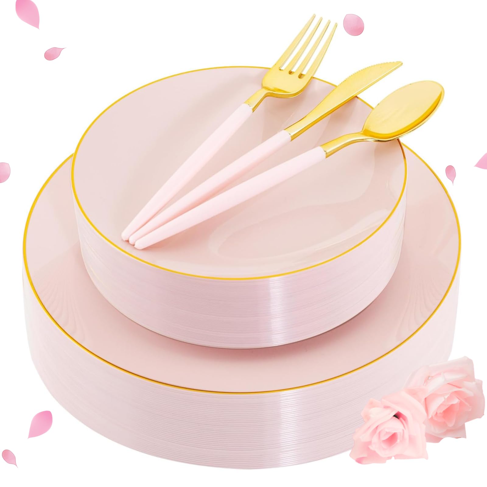 Liacere 150-Piece Pink Plastic Dinner Plates Set with Gold Silverware - Disposable Plates & Cutlery for 30 Guests, Perfect for Weddings, Easter, Mother's Day & Party Events - Elegant Tableware for Celebrations & Special Occasions