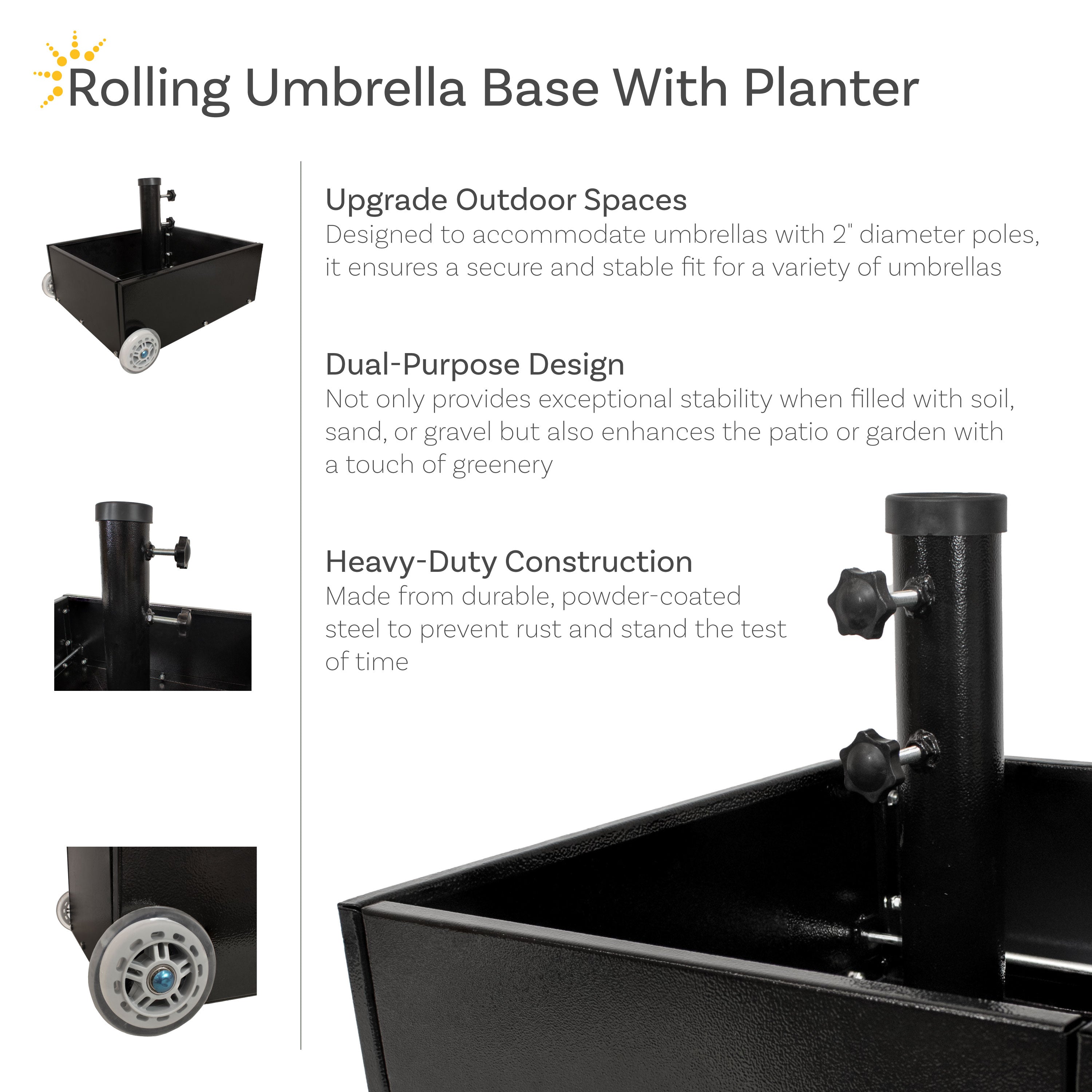 Heavy Duty Patio Umbrella Stand with Wheels & Planter - Outdoor Garden Decor for Poolside, Deck, Backyard, and Patio Use