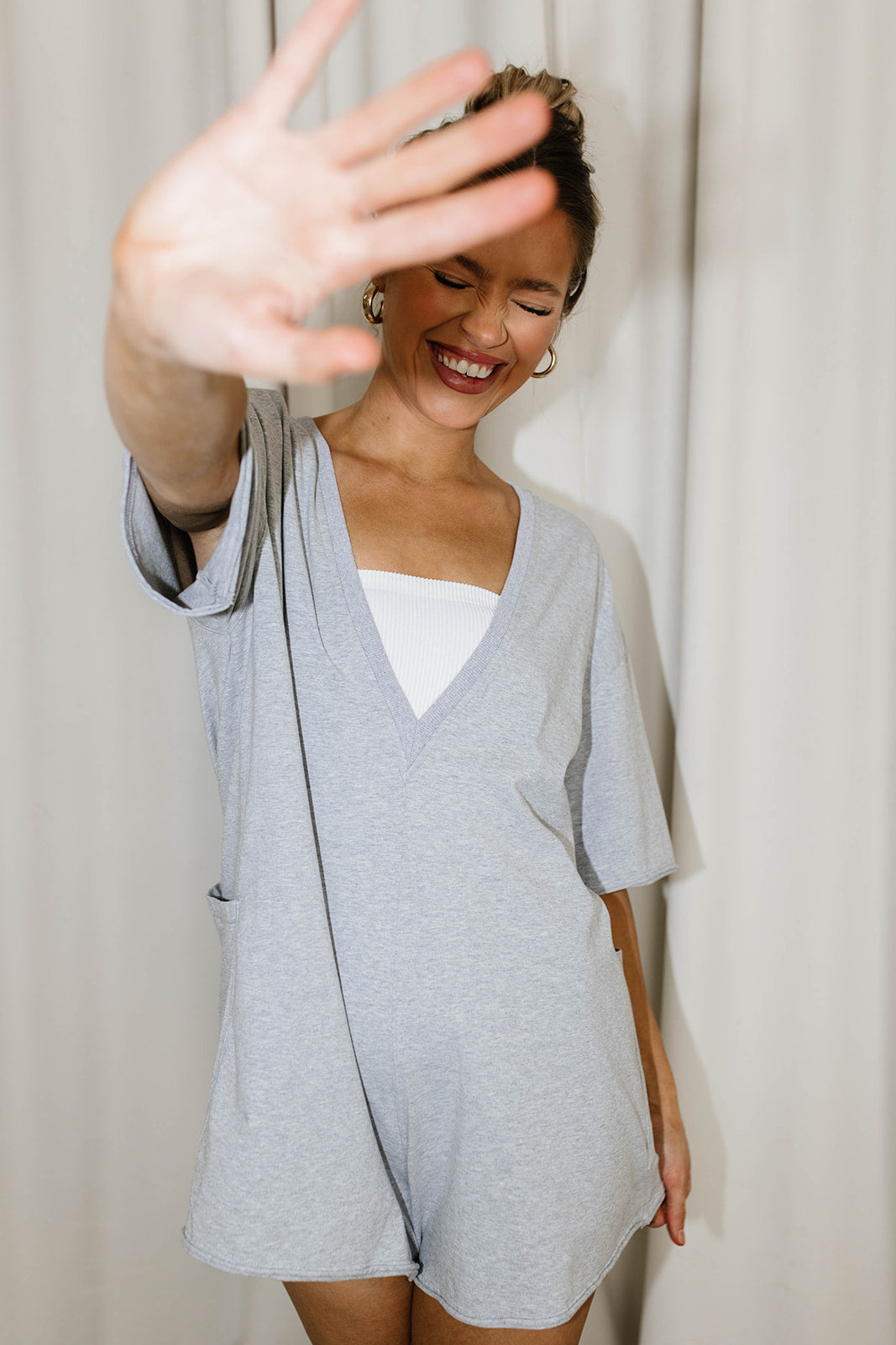 Nylah Oversized Romper for Women - Soft Grey Jumpsuit with Pockets | Casual Loungewear, Summer Outfits & Vacation Wear