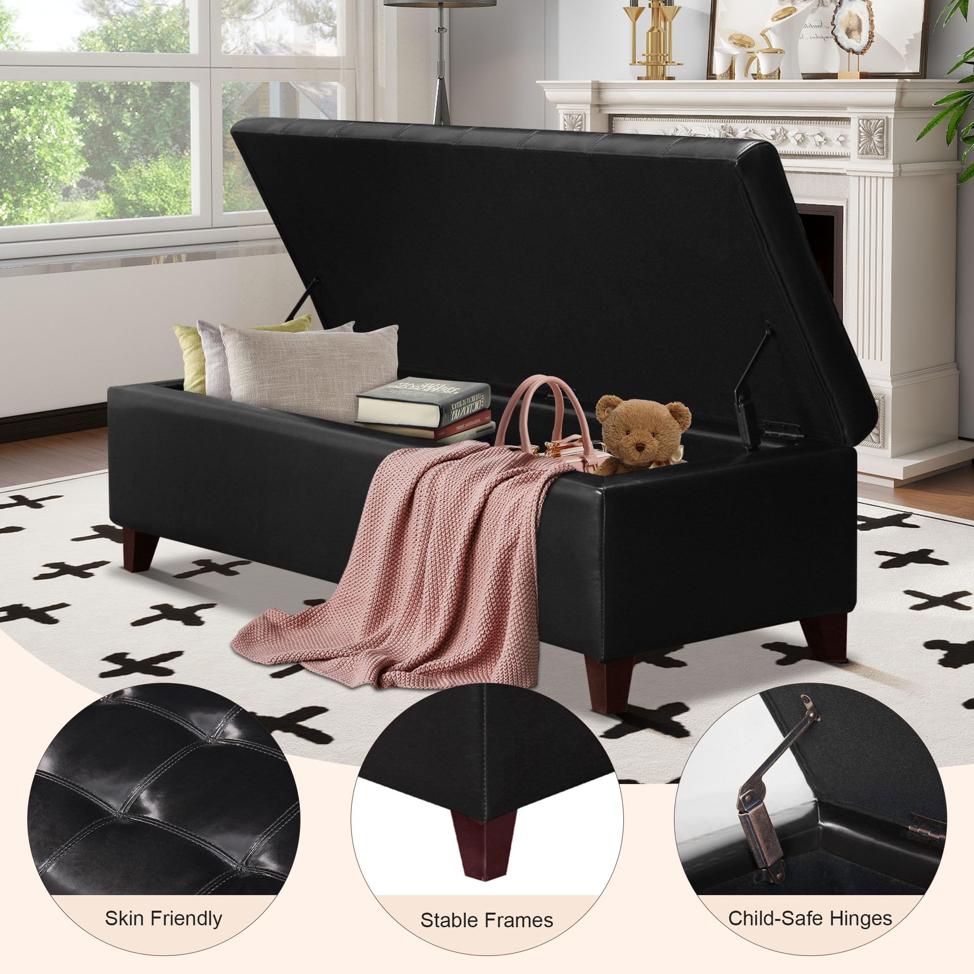 Storage Ottoman Bench with Wooden Legs - Upholstered Rectangle Storage Seat for Bedroom & Living Room - Perfect for End of Bed Storage, Extra Seating & Home Organization