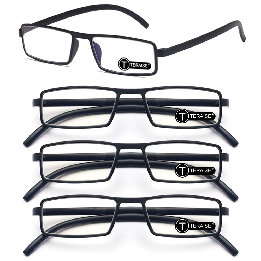 TERAISE 4-Pack Lightweight Reading Glasses with Blue Light Blocking - Comfortable Readers for Computer Work, Reading & Screen Time (Black)