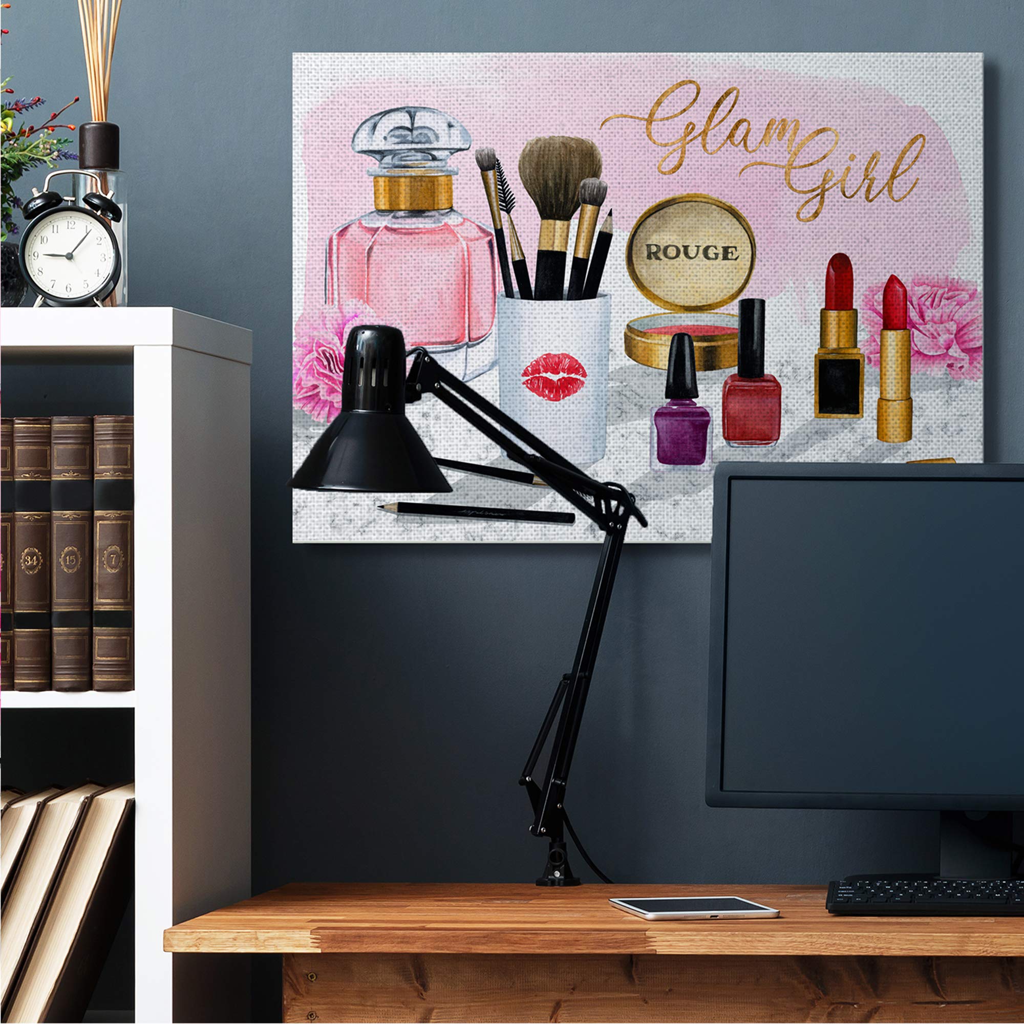 Stupell Industries Glam Girl Phrase Fashion Cosmetic Accessories Wall Art - Grace Popp Design - 36x48 Inch Pink Canvas Painting - Perfect for Bedroom, Bathroom & Salon Decor