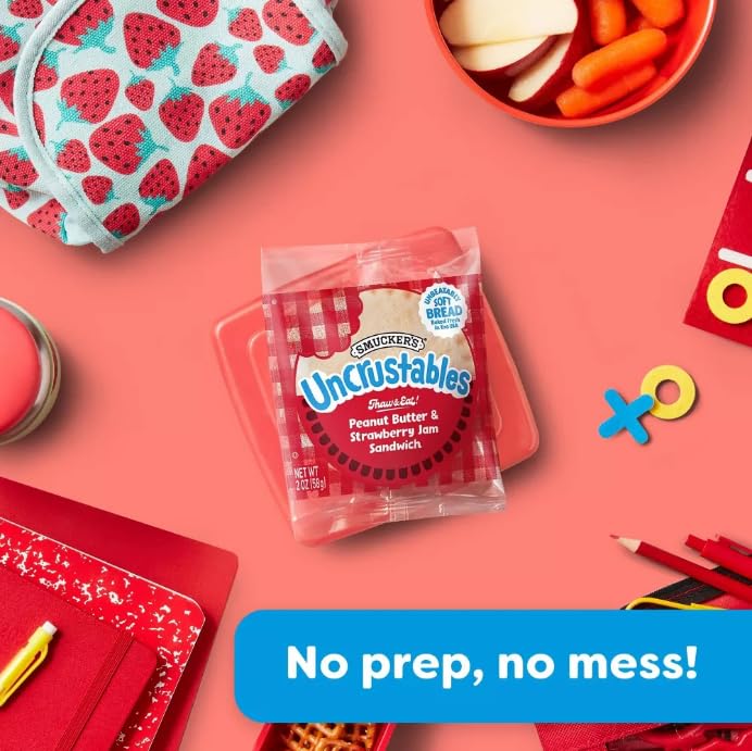 Uncrustables Peanut Butter & Strawberry Jam Frozen Sandwiches - 15 Count (Pack of 4, 60 Total) | No-Crust Kids Snacks for School Lunches, Picnics & Quick Breakfast