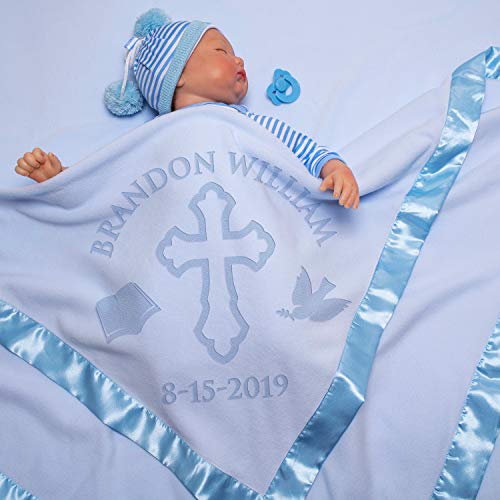 Personalized Baptism Baby Blanket - Blue Cross & Bible Design, 36x36 Inch Fleece with Satin Trim - Christening Gift for Baby Boy, Newborn Receiving Blanket - Perfect for Baby Showers, First Communion & Special Occasions