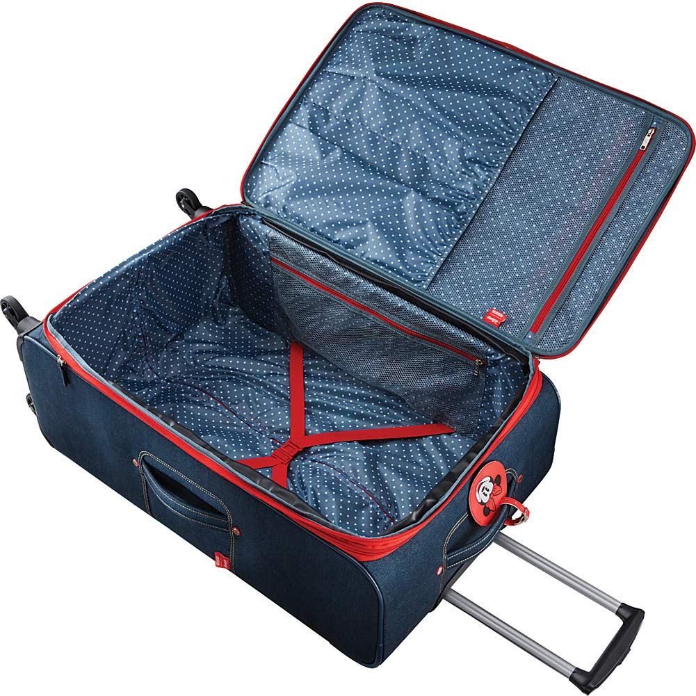 American Tourister Disney Minnie Mouse Denim 21-Inch Carry-On Spinner Luggage - Lightweight Softside Suitcase for Travel, Vacation & Business Trips