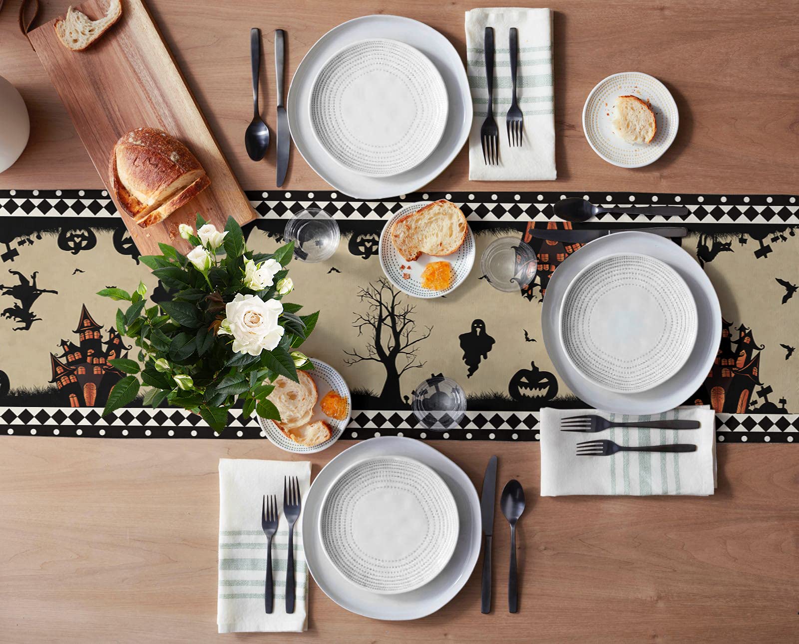 108 Inch Halloween Table Runner - Haunted House Pumpkin Design, Taupe Checkered Kitchen Dining Decor for Coffee Table, Holiday Party & Banquet | Perfect for Halloween Parties, Thanksgiving Dinners & Fall Home Decor