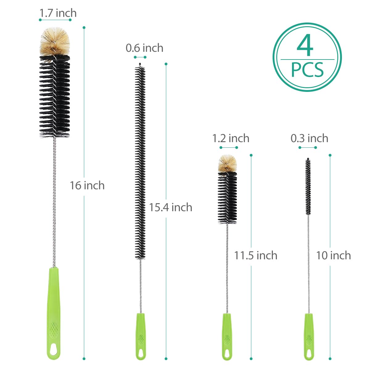 ORIA 4-Pack Bottle Cleaning Brush Set with Long Handle - Stainless Steel Straw Cleaner, Wire Scrub Brushes for Water Bottles, Baby Bottles, Pipes & Beer Brewing - Perfect for Kitchen, Home & Camping Use
