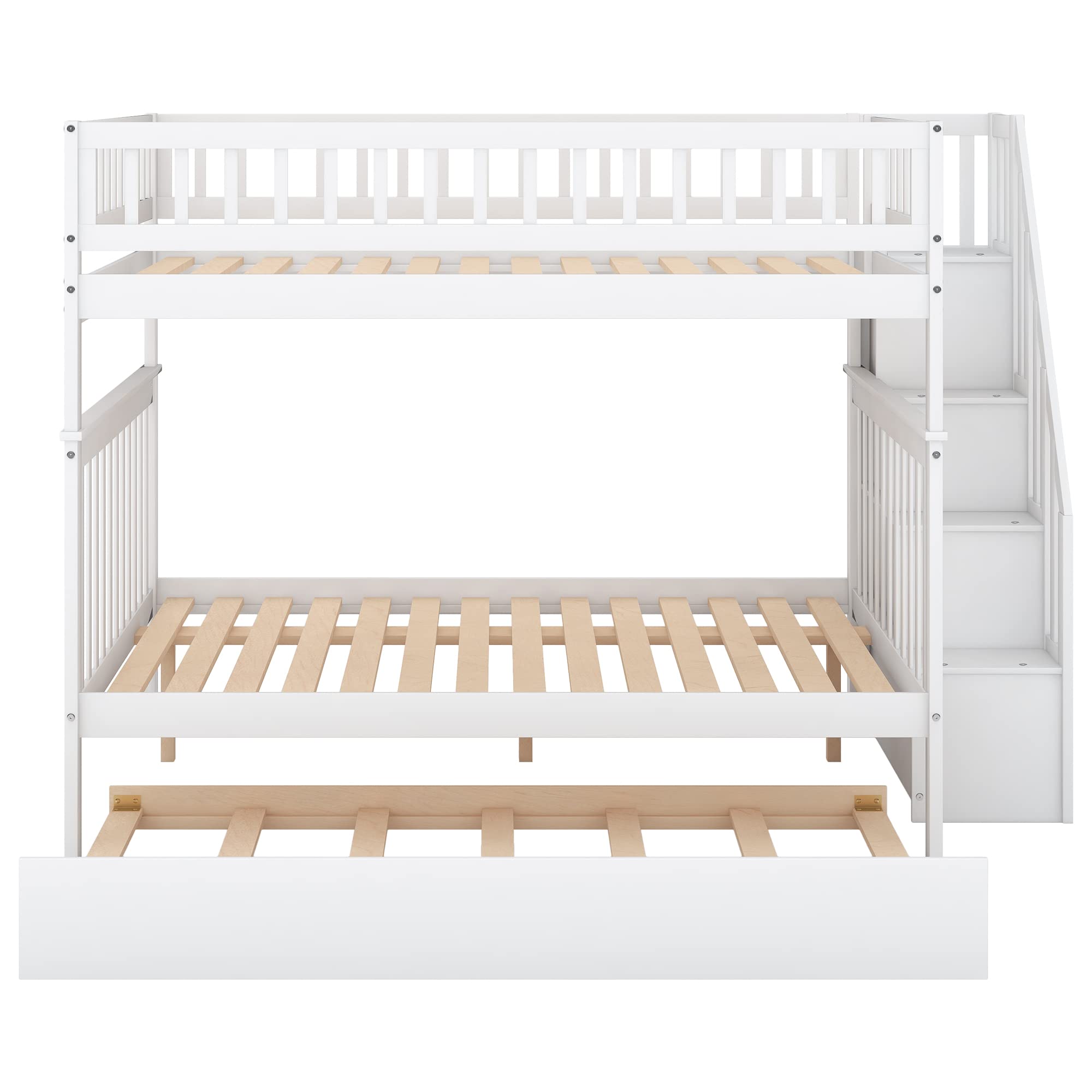 Harper & Bright Designs Full Over Full Bunk Bed with Trundle & Staircase - Solid Wood Bunk Bed for Kids, Teens & Adults - Space-Saving Bedroom Solution (White) - Perfect for Guest Rooms, Dorms & Small Spaces
