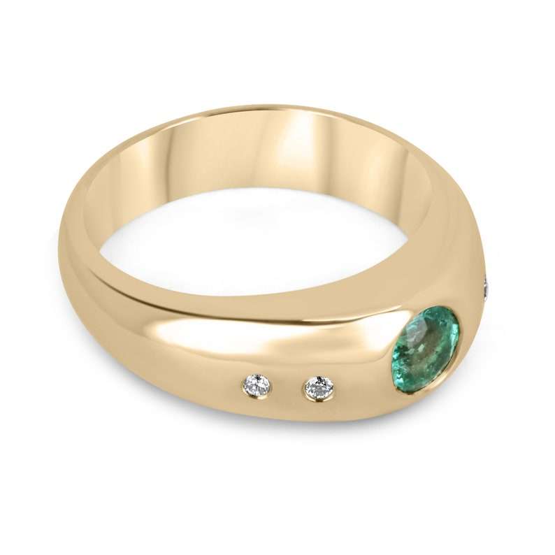 0.80tcw Vivid Round Cut Emerald & Diamond Accent 18K Gold Unisex Statement Ring for Wedding, Anniversary & Special Occasions