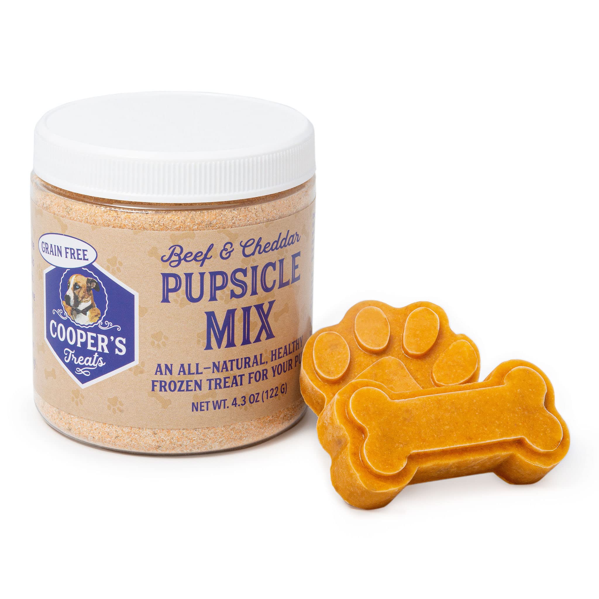 Cooper's Treats Pupsicle Mix - Grain Free Beef and Cheddar Dog Treats (4.3oz) - DIY Frozen Dog Treats Kit for Summer Cooling, Training Rewards & Dental Health - Pupsicle Refills, Pup Ice Cream, Pupicle Dog Snacks