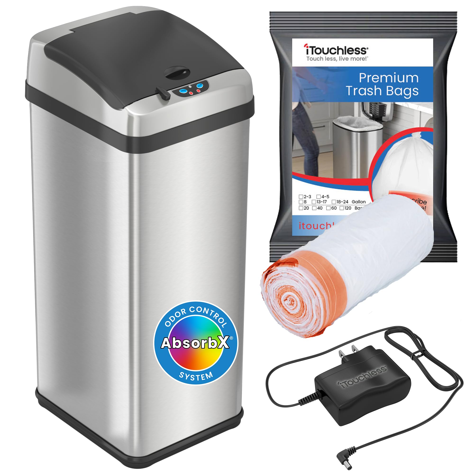 iTouchless 13 Gallon Stainless Steel Automatic Sensor Trash Can with Odor Control, AC Adapter & 10 Premium Bags - Hands-Free Kitchen Garbage Bin with Large Lid Opening for Home, Office, or Restaurant Use