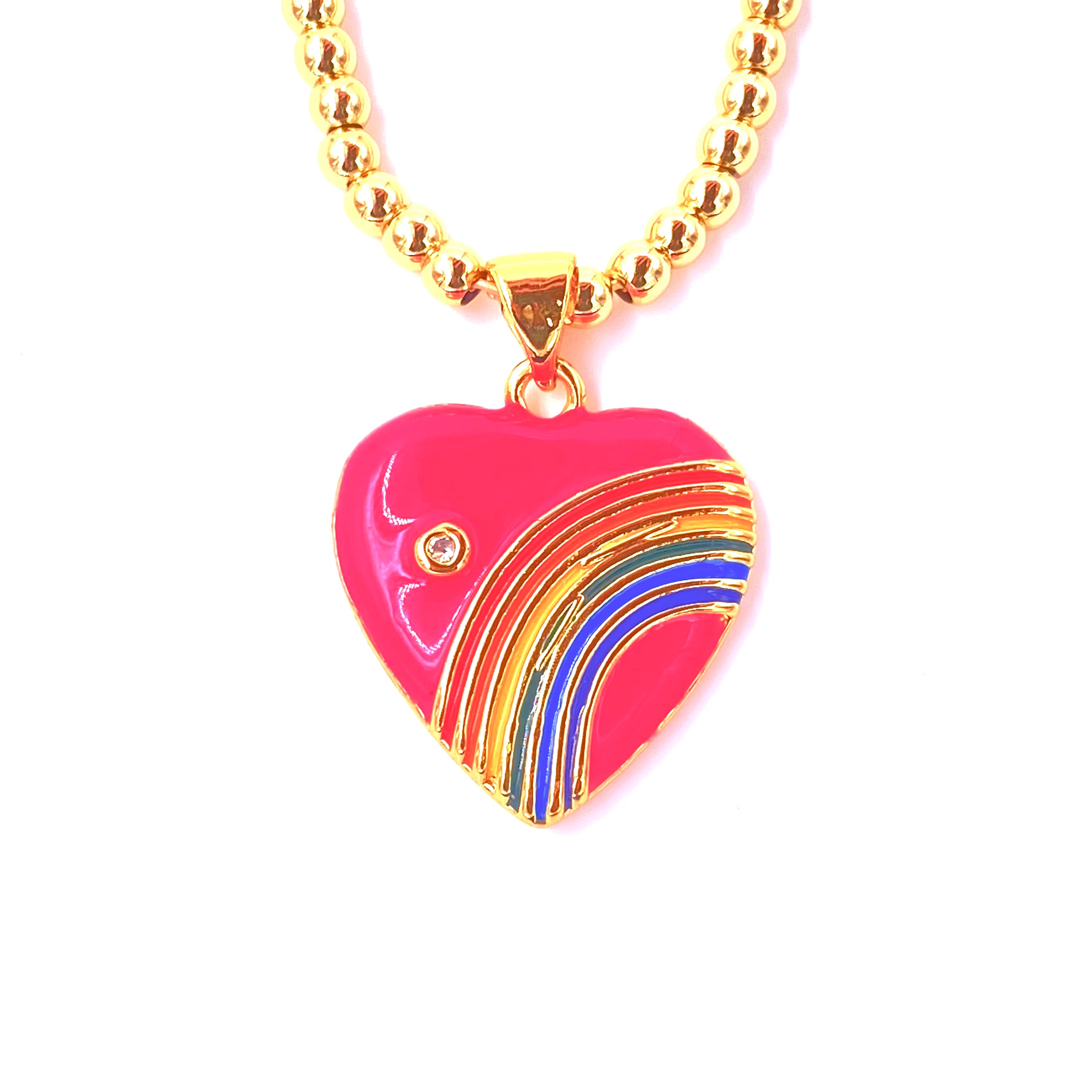 Ashley Gold Stainless Steel Ball Beaded Enamel Heart CZ Necklace for Women - Elegant Cubic Zirconia Pendant Jewelry Gift for Valentine's Day, Anniversary & Special Occasions