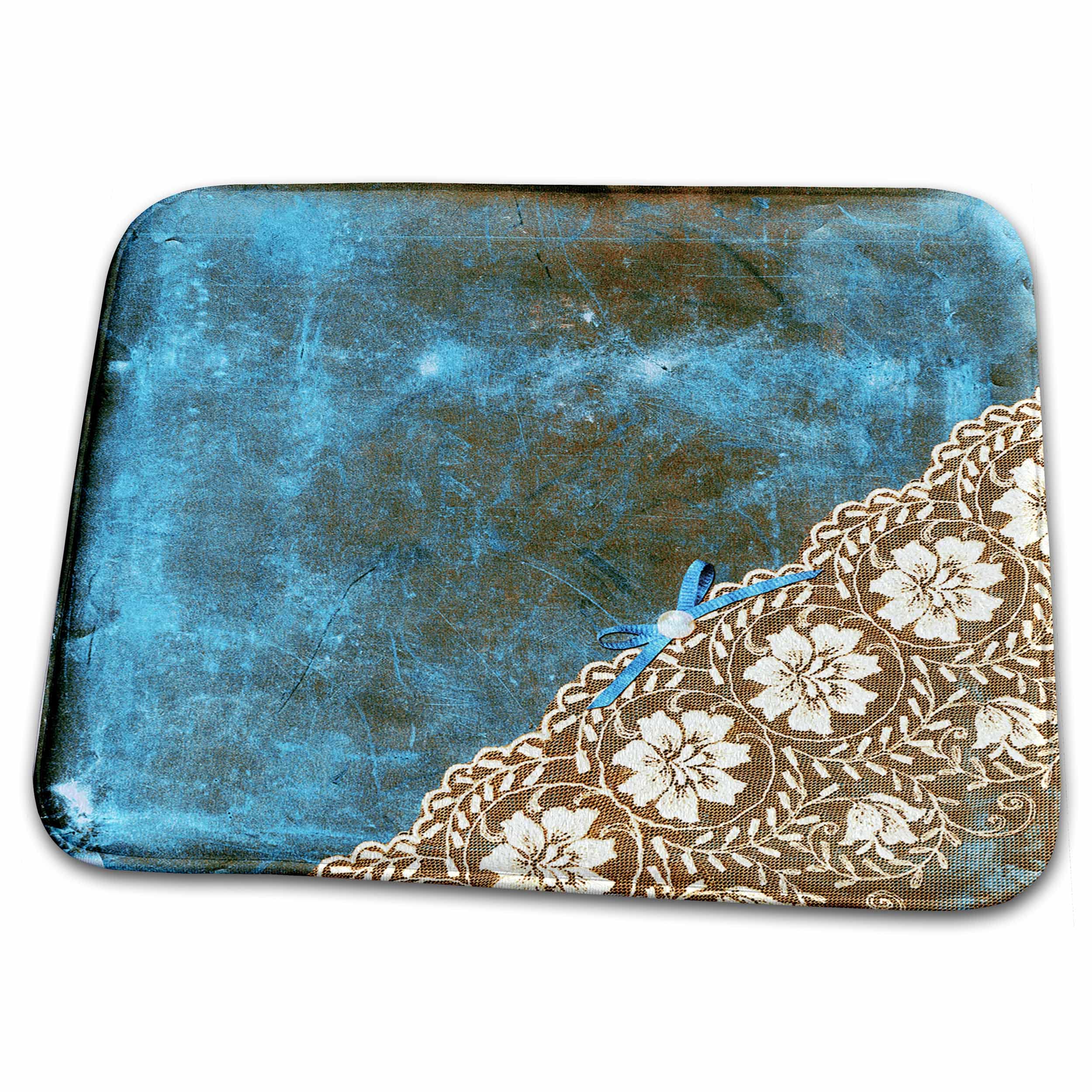 3D Rose White Floral Lace with Pearl on Blue Grunge Paper Bathroom Rug Mat - Non-Slip Shower Carpet for Bath, Vanity & Dressing Area - Home Decor Accessory (rug-263116-1)