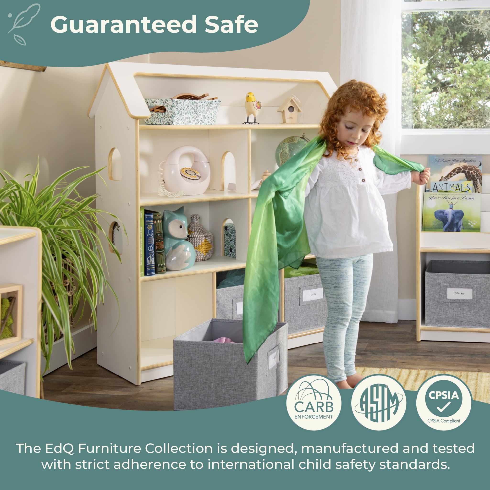 Guidecraft EdQ Dollhouse Bookcase - White: Kids Bookshelf with Storage Bins for Dolls, Books, Toys & School Supplies | Perfect for Bedroom, Playroom & Classroom Organization