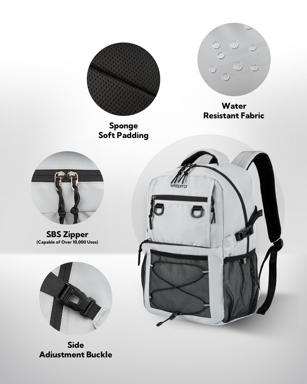 **WATERFLY 22L Light Gray Travel Backpack for Hiking, Commuting & College - Durable Daypack with Multiple Compartments for Men & Women - Perfect for Outdoor Adventures, Airplane Carry-On & Everyday Use**