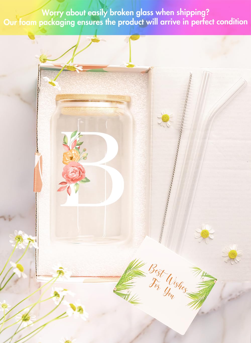 Personalized Monogrammed Glass Coffee Mug - Custom 16oz Birthday Gift for Women, Friends, Girls - Unique Galentines Gift for Her - Perfect for Coffee, Tea & Hot Drinks at Home or Office