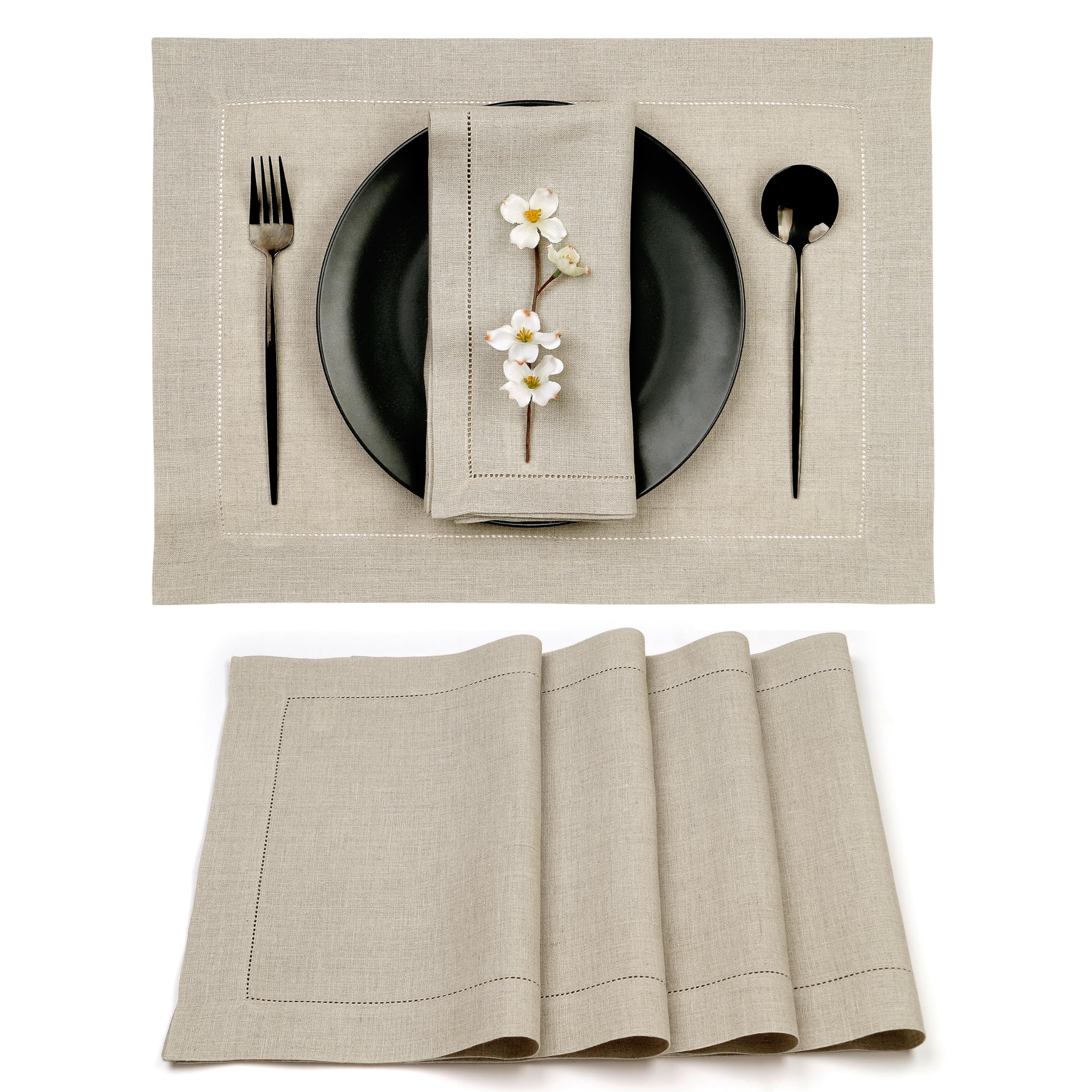 D'Moksha Homes 100% Pure Linen Placemats Set of 4 - Natural 14x19 Inch Table Mats with Classic Hemstitch | Washable & Durable for Dining Table Decor | Perfect for Christmas, Thanksgiving, and Everyday Elegant Dinner Parties