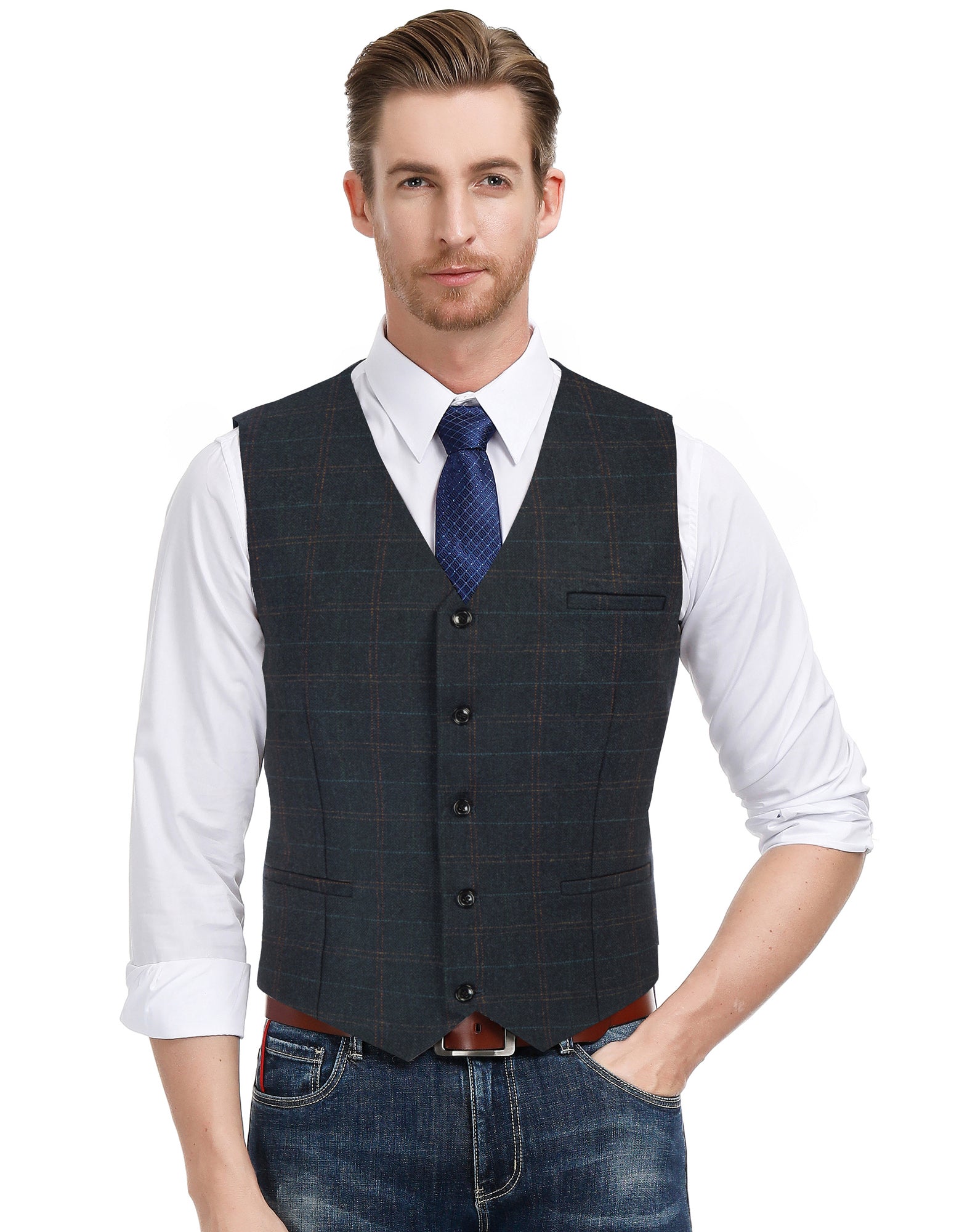 Men's Slim Fit Western Herringbone Tweed Vest - Wool Blend V-Neck Waistcoat for Business, Weddings & Formal Events