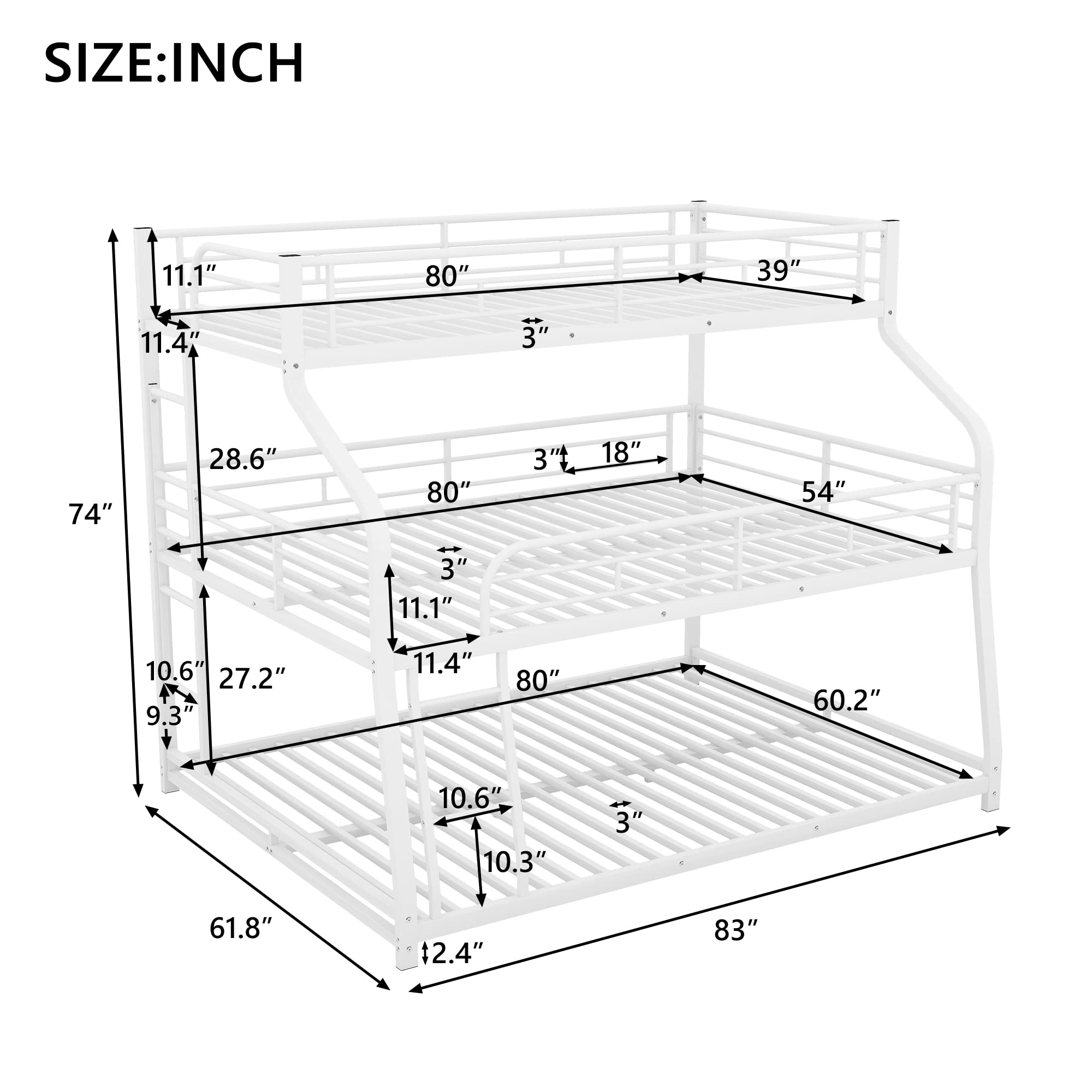 Sturdy Metal Triple Bunk Bed - Twin XL Over Full Over Queen Size for 3 Sleepers - Space-Saving Bunk Bed Frame with Safety Ladder & Guardrails - Ideal for Teens, Adults & Dorm Rooms (White Finish) - Perfect for Small Bedrooms, Vacation Homes & Shared Kids' Rooms