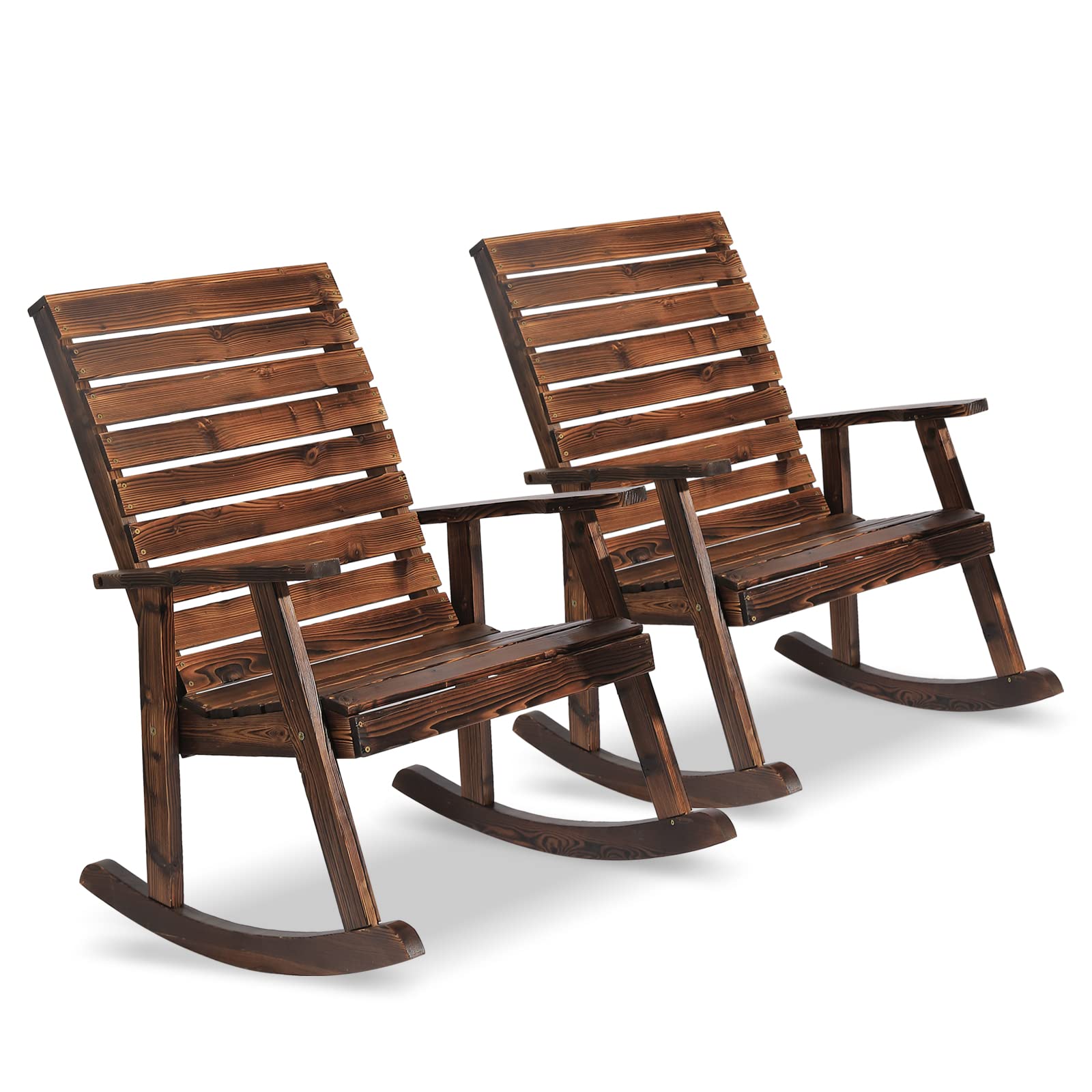 2-Piece Outdoor Rocking Chairs Set - High Back Wooden Patio Rockers for Deck, Garden, Backyard & Porch | Perfect for Relaxing, Sunbathing & Outdoor Gatherings