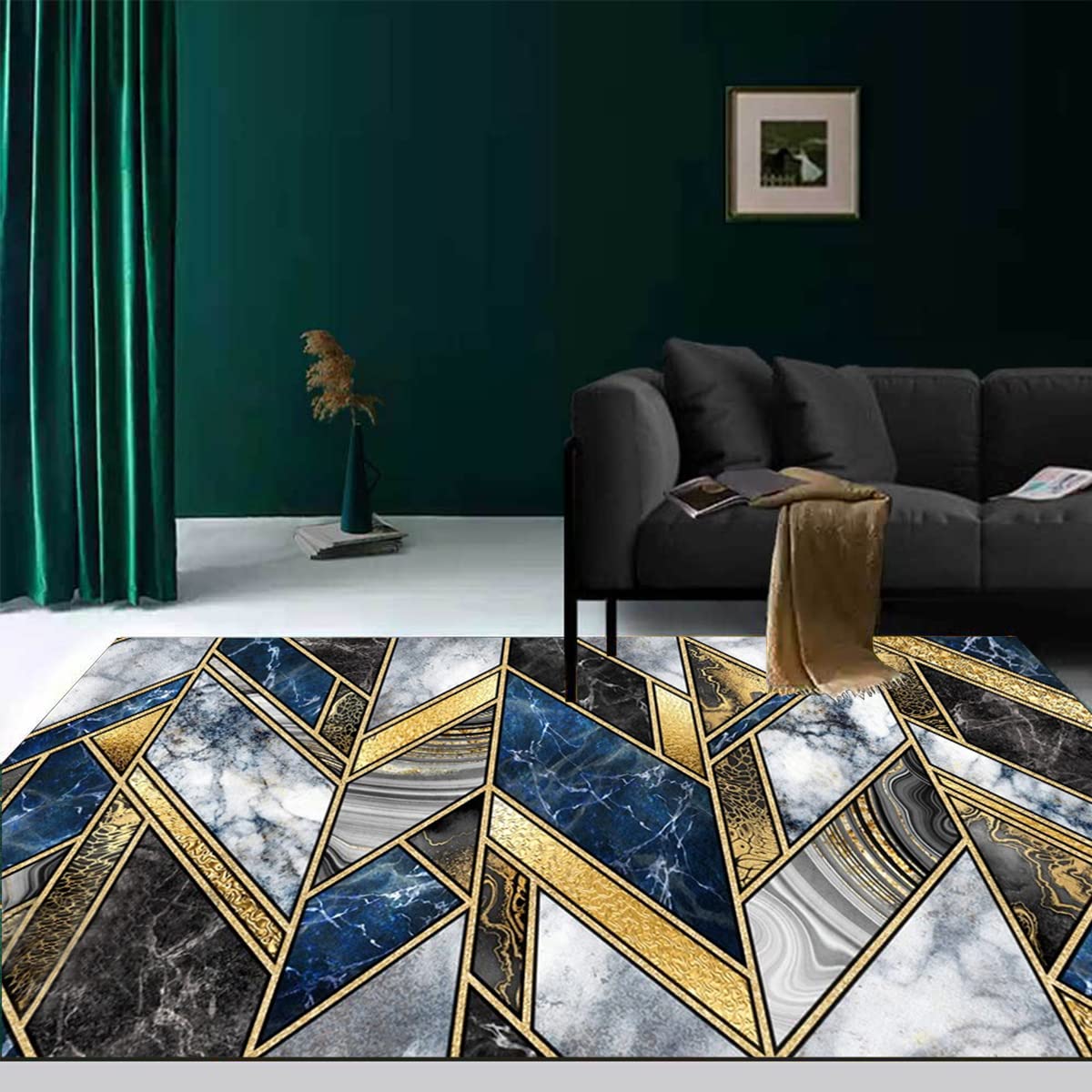 Modern Navy Gold Grey Marble Abstract Geometric Striped Area Rug 6x8 - Aesthetic Boho Chic Carpet for Living Room, Dining Room, Bedroom, Home Office, Farmhouse & Kitchen Runner - Perfect for Retro Accent, Floor Decor & Cozy Home Styling