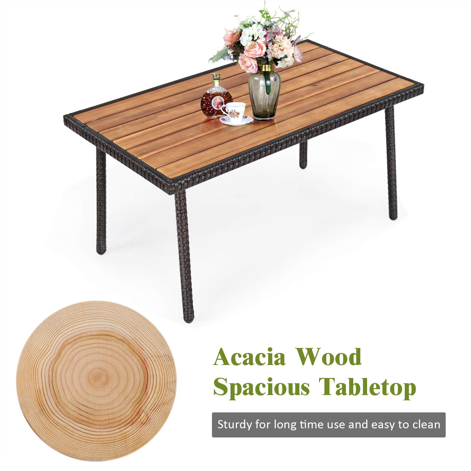RELAX4LIFE 4-Piece Outdoor Patio Furniture Set - All-Weather Rattan Wicker Chairs with Acacia Wood Coffee Table & Cushions - Perfect for Garden, Poolside, Backyard, and Outdoor Entertaining