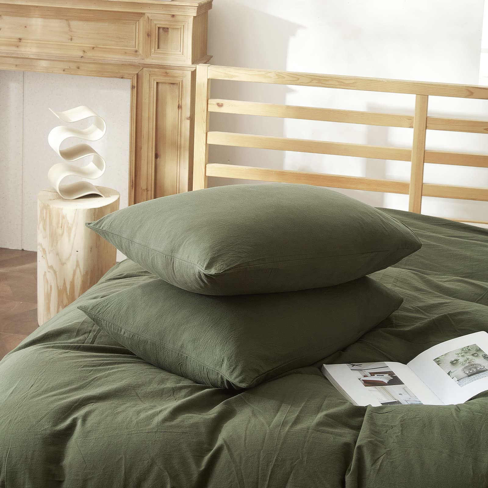 **Army Green Pillowcase Set Queen Size - 2 Pack Soft 100% Washed Cotton Pillow Shams with Envelope Closure (20x26 Inches) - Modern Dark Green Decorative Pillow Covers for Bedroom, Living Room & Guest Room**