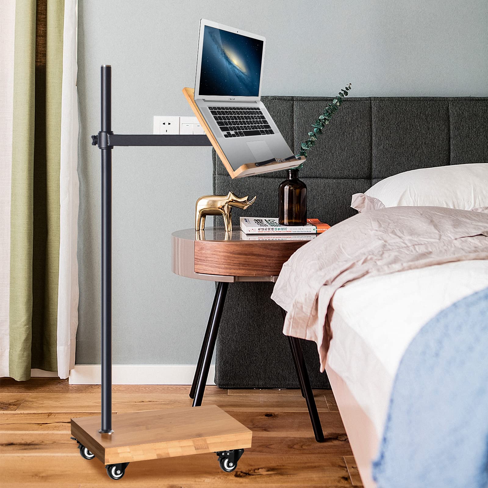Adjustable Bamboo Book Holder Stand with Wheels - 11 x 8.1 Inch Portable Floor Reading Stand for Cookbooks, Textbooks & Sheet Music - Perfect for Kitchen, Office & Classroom Use