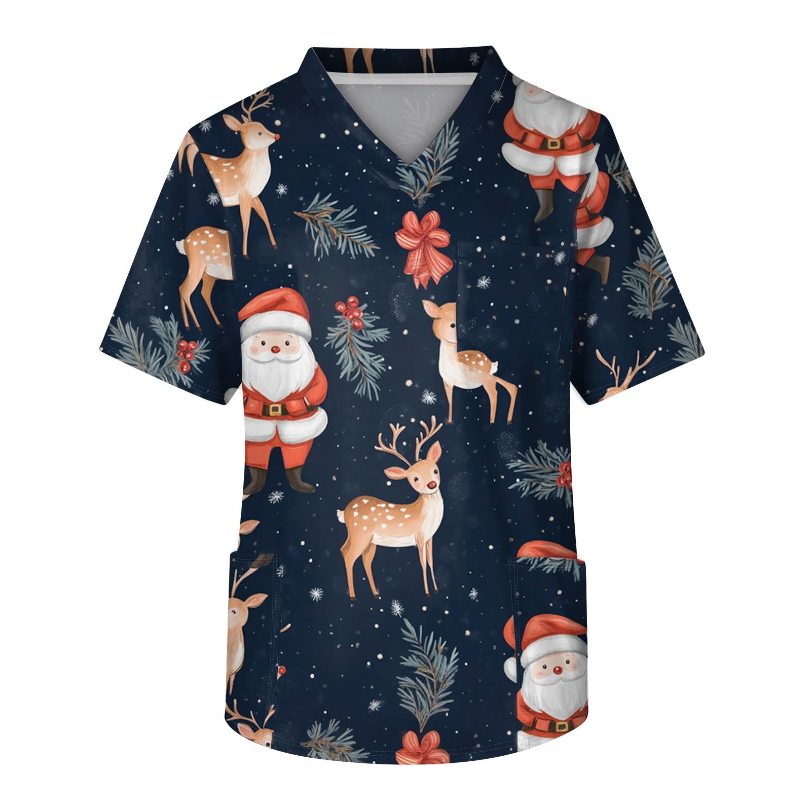 Santa Printed Men's Medical Scrub Sets - Christmas Themed Blue Scrubs for Doctors & Nurses - Perfect for Holiday Shifts & Medical Professionals