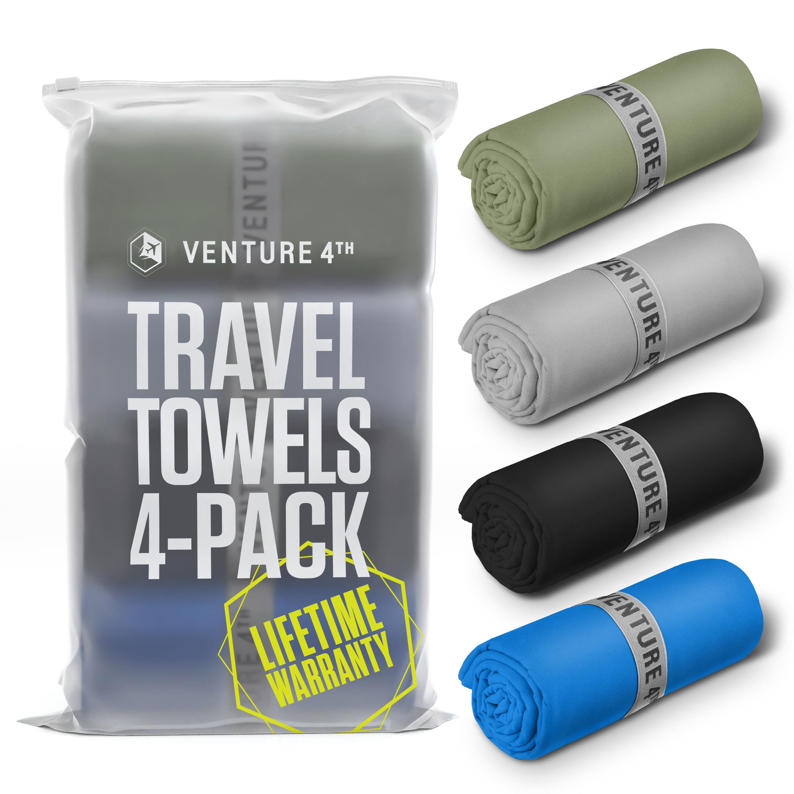 VENTURE 4TH - 4 Pack Extra Large Quick Dry Microfiber Towels for Travel, Camping, Hiking, Gym | Ultra Absorbent, Lightweight & Fast Drying | Compact & Portable for Backpacking, Beach, Swimming & Sports Activities