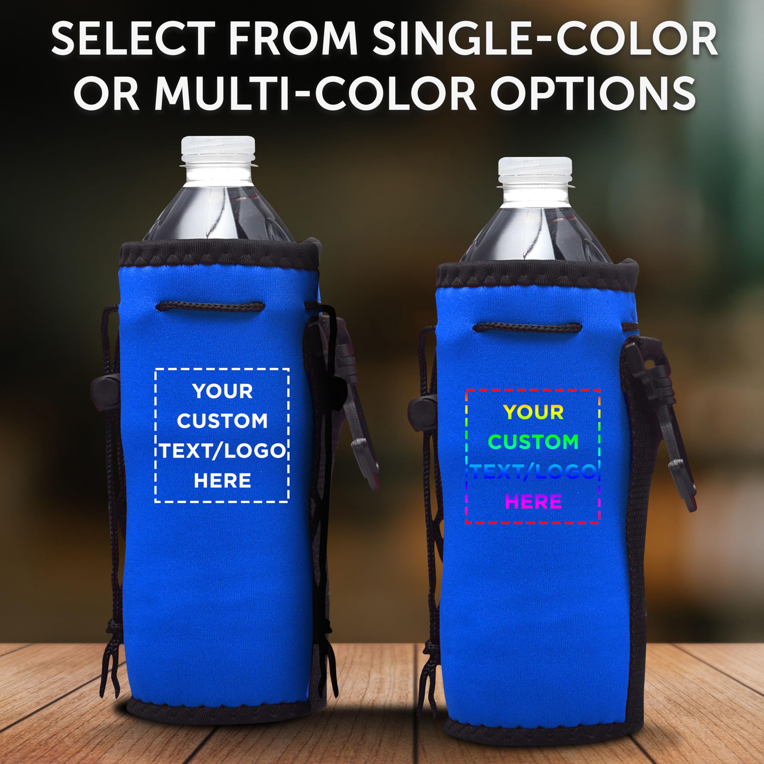100 Pack Custom Neoprene Water Bottle Insulators with Drawstring - Personalized Text & Logo - 12 oz Longneck Bottle Sleeves with Hook - Royal Blue - Perfect for Parties, Events & Corporate Gifts