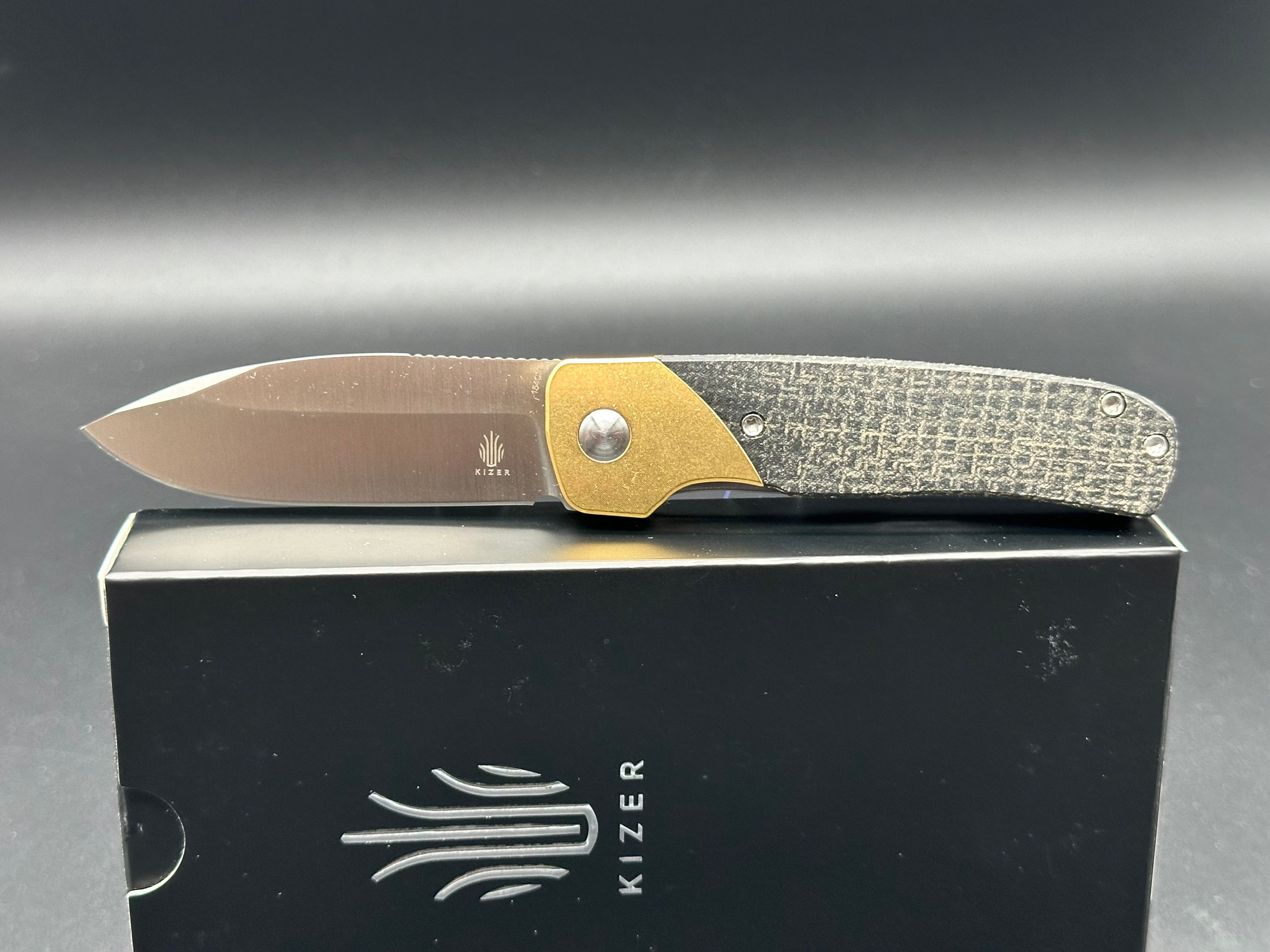 KIZER GAVEL Pocket Knife - 154CM Stainless Steel Blade, Brass/Micarta Handle, Liner Lock Design V3661C1 - EDC Folding Knife for Outdoor, Camping & Everyday Carry