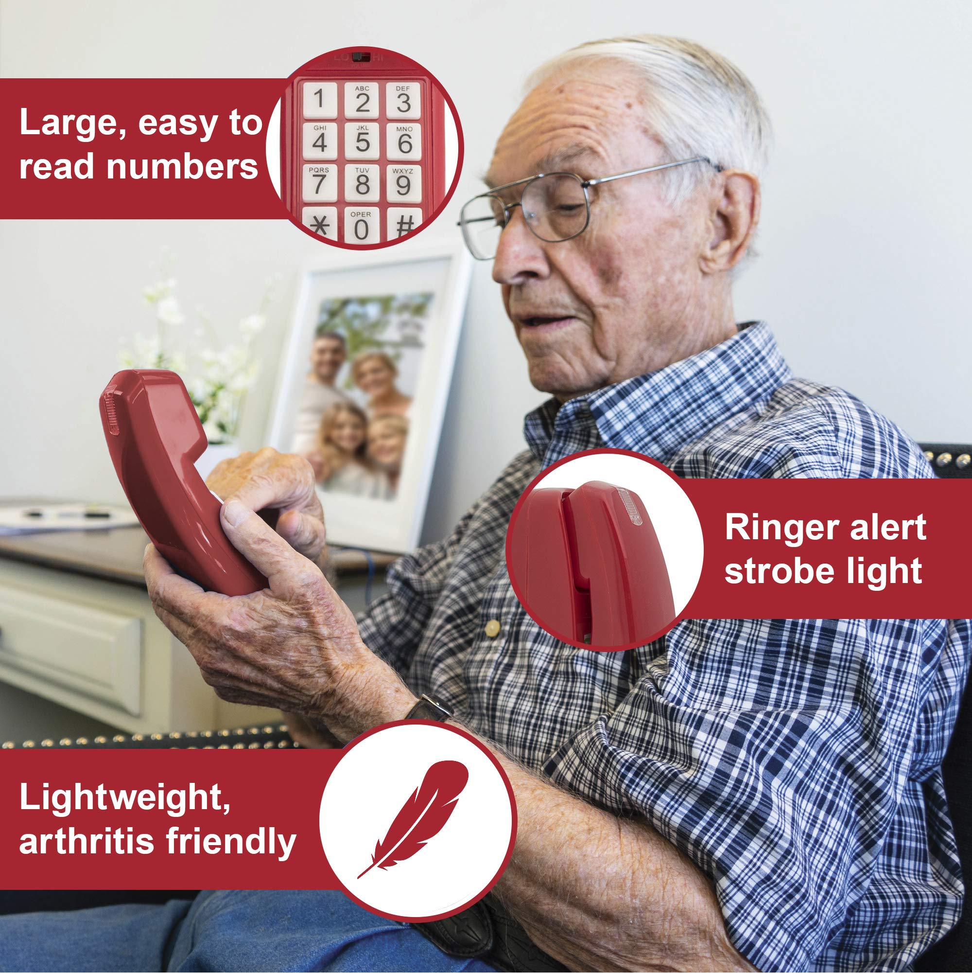 iSoHo Hearing Aid Compatible Phone - Easy-to-Press Buttons, Wall Mountable, Adjustable Volume & Ringer with Lighted Keypad - Perfect for Seniors & Arthritis Sufferers - Crimson Red