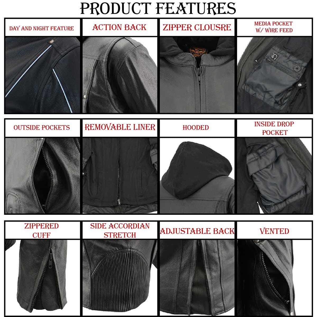 Milwaukee Leather MLL2555 Women's Black 3/4 Length Hooded Leather Jacket with Side Stretch Panels - Perfect for Motorcycle Riding, Casual Outfits & Fall Fashion