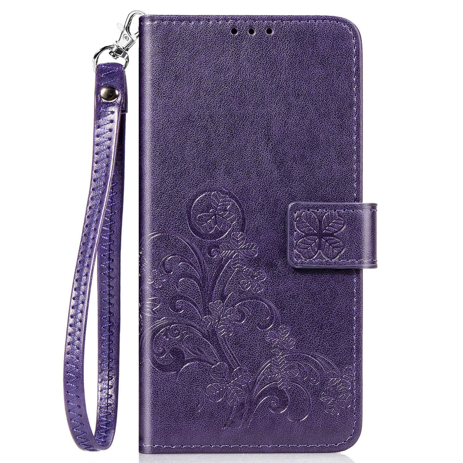 Samsung Galaxy A01 Wallet Case - PU Leather Flip Cover with Card Holder, Kickstand & Wrist Strap | Clover Flower Design | Shockproof Protective Phone Case for Women & Girls (Purple) | Perfect for Work, Travel & Everyday Use
