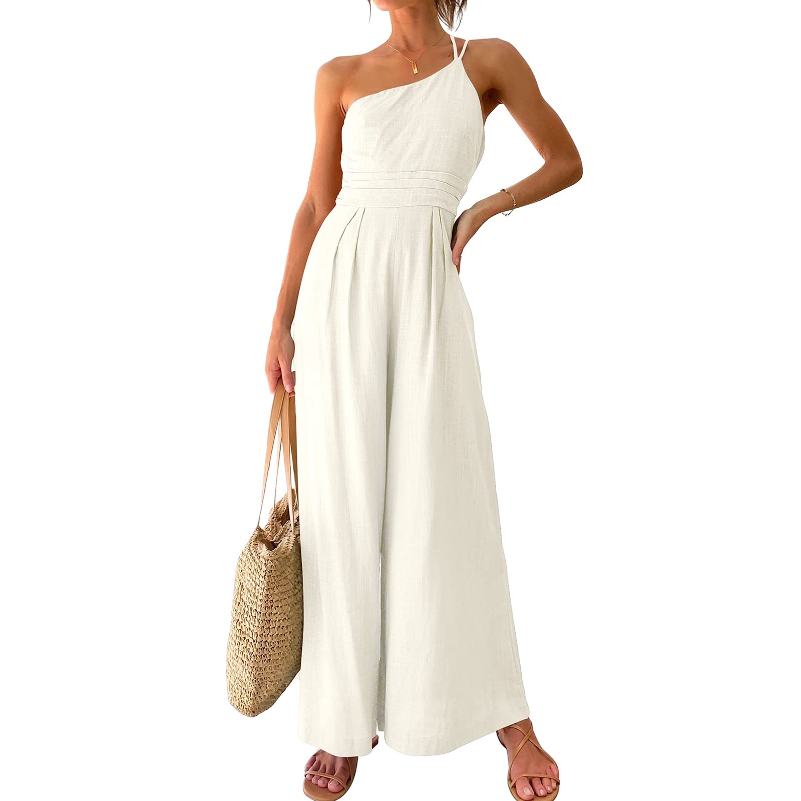 Women's One Shoulder Sleeveless Jumpsuit - Solid Color Smocked Top Wide Leg Romper with Pockets | Perfect for Summer Vacations, Beach Parties & Night Out