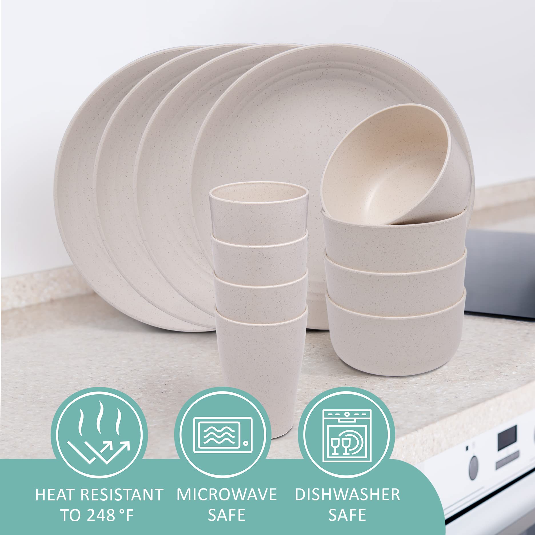Eco-Friendly Wheat Straw Dinnerware Set - 12 Piece Cream Colored Plates, Bowls & Cups for Sustainable Dining | Perfect for Everyday Meals, Picnics & Parties