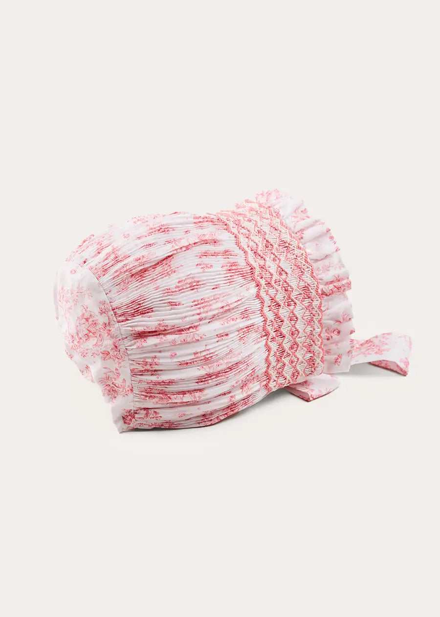 Audrey Toile Hand Smocked Baby Bonnet in Pink - Size S/M | Newborn Photoshoot & Christening Outfit Accessory