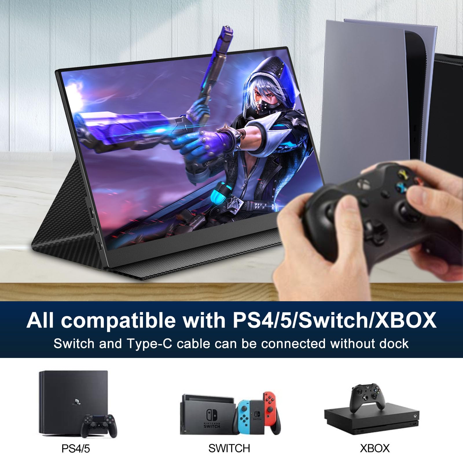 Kyyivwine 16.1 Inch Portable Monitor - 1080P FHD 144Hz IPS Screen, 100% sRGB, 1200:1 Contrast Ratio, Ultra-Thin Design with Built-in Speakers, USB-C & HDMI Connectivity - Compatible with PS5, Xbox, Switch, PC & Mac - Perfect for Gaming, Work & Travel