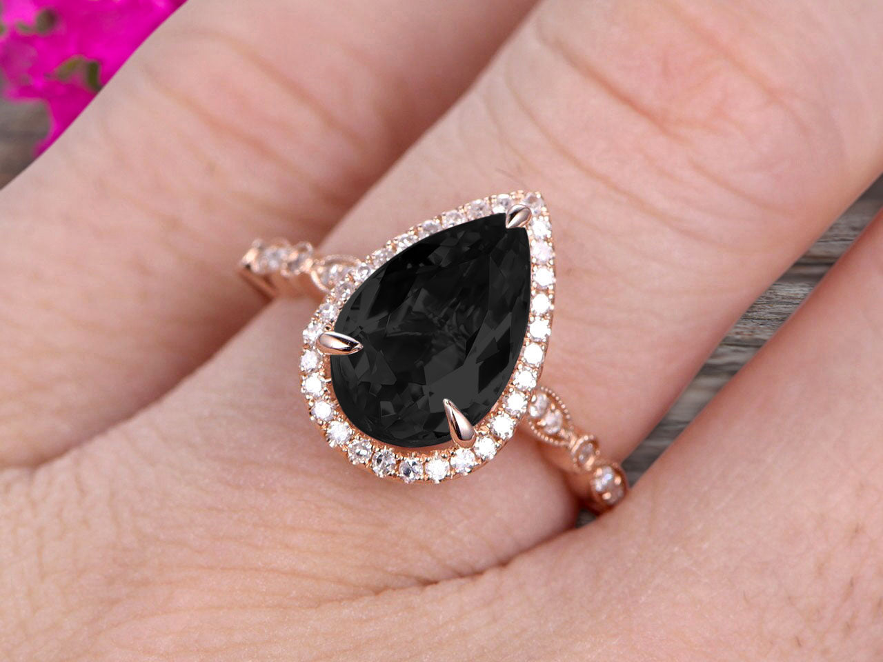 1.50 Carat Pear Shape Black Diamond Moissanite Engagement Ring - Art Deco Wedding Ring in 10k Rose Gold with Halo & Milgrain Design - Perfect for Proposals, Anniversaries & Bridal Jewelry