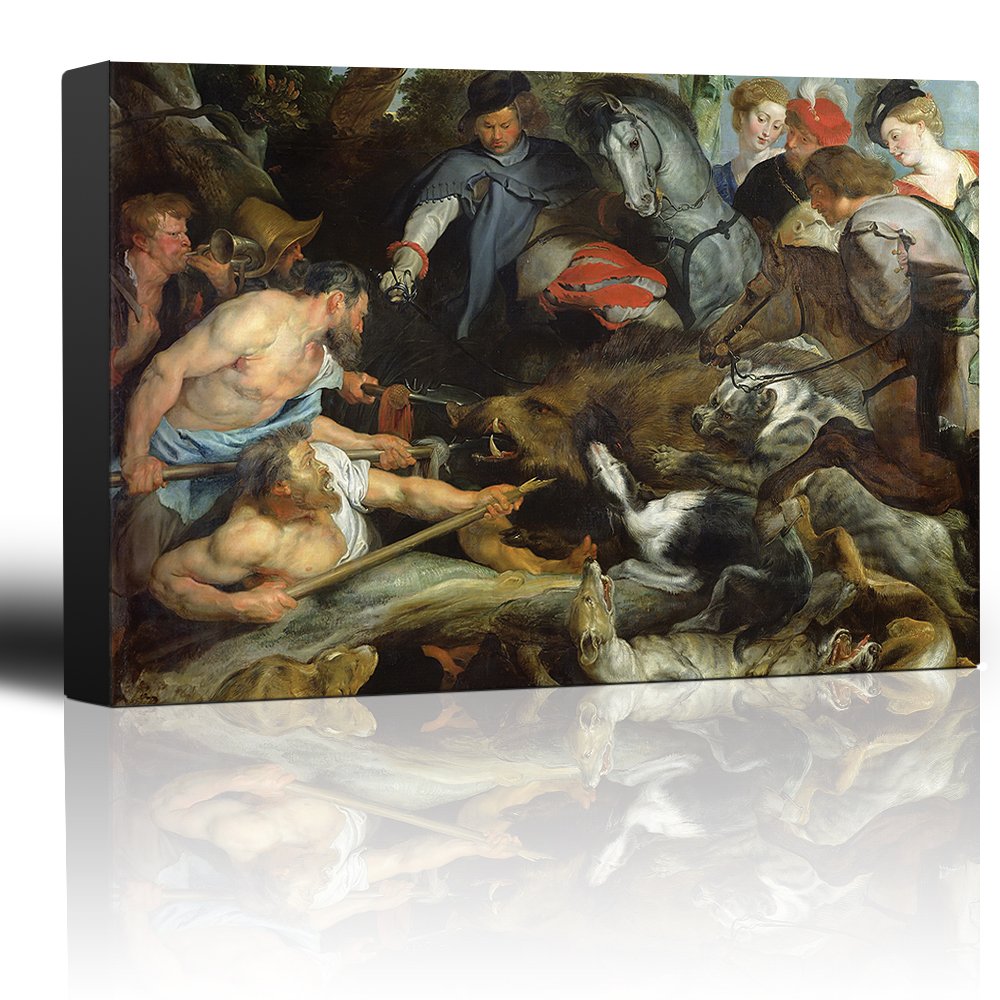 Wall26 - Peter Paul Rubens 'A Boar Hunt' Baroque Oil Painting Reproduction - 32x48 Inch Canvas Wall Art with Horses & Wolves - Catholic & Christian Home Decor for Living Room, Office & Gallery Display