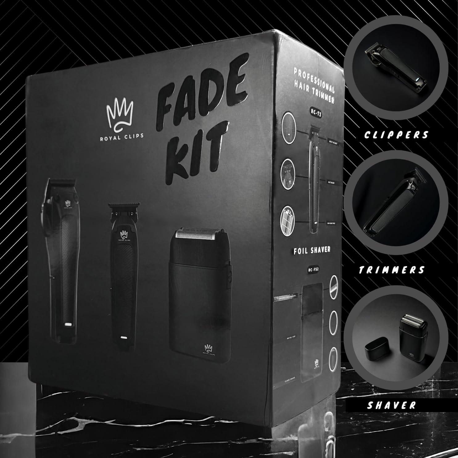 Royal Clips Hair and Beard Fade Kit 2.0 - Professional Cordless Hair Clipper, Trimmer & Foil Shaver Set for Men | Barber-Grade Haircut Kit with 5-Hour Battery & 10 Guide Combs | Perfect for Home Grooming, Salon Use & Travel (Black)