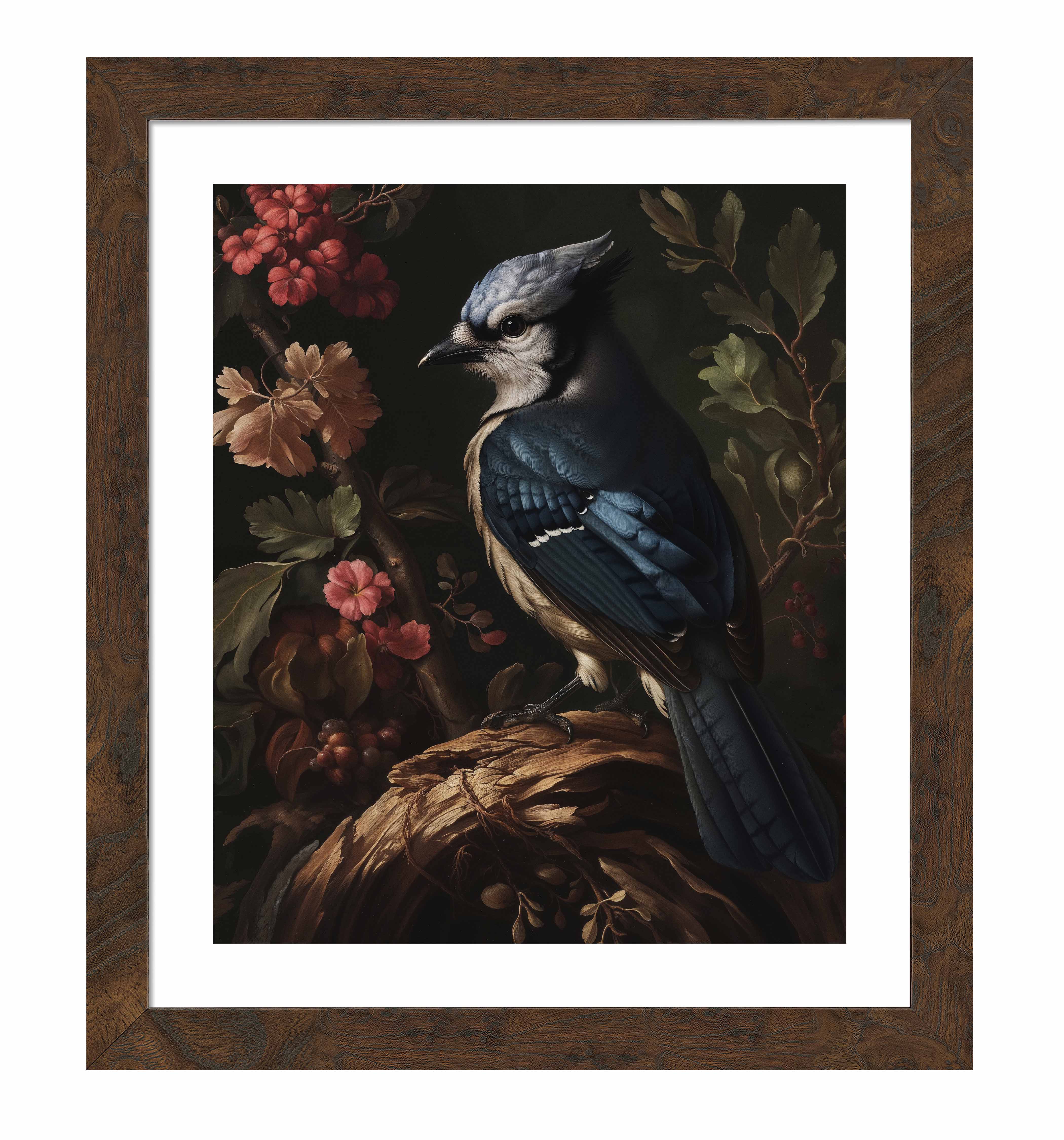 Blue Jay Amongst Flora - Elegant Nature Art Print for Home & Office Decor - Perfect for Living Room, Bedroom, or Gift