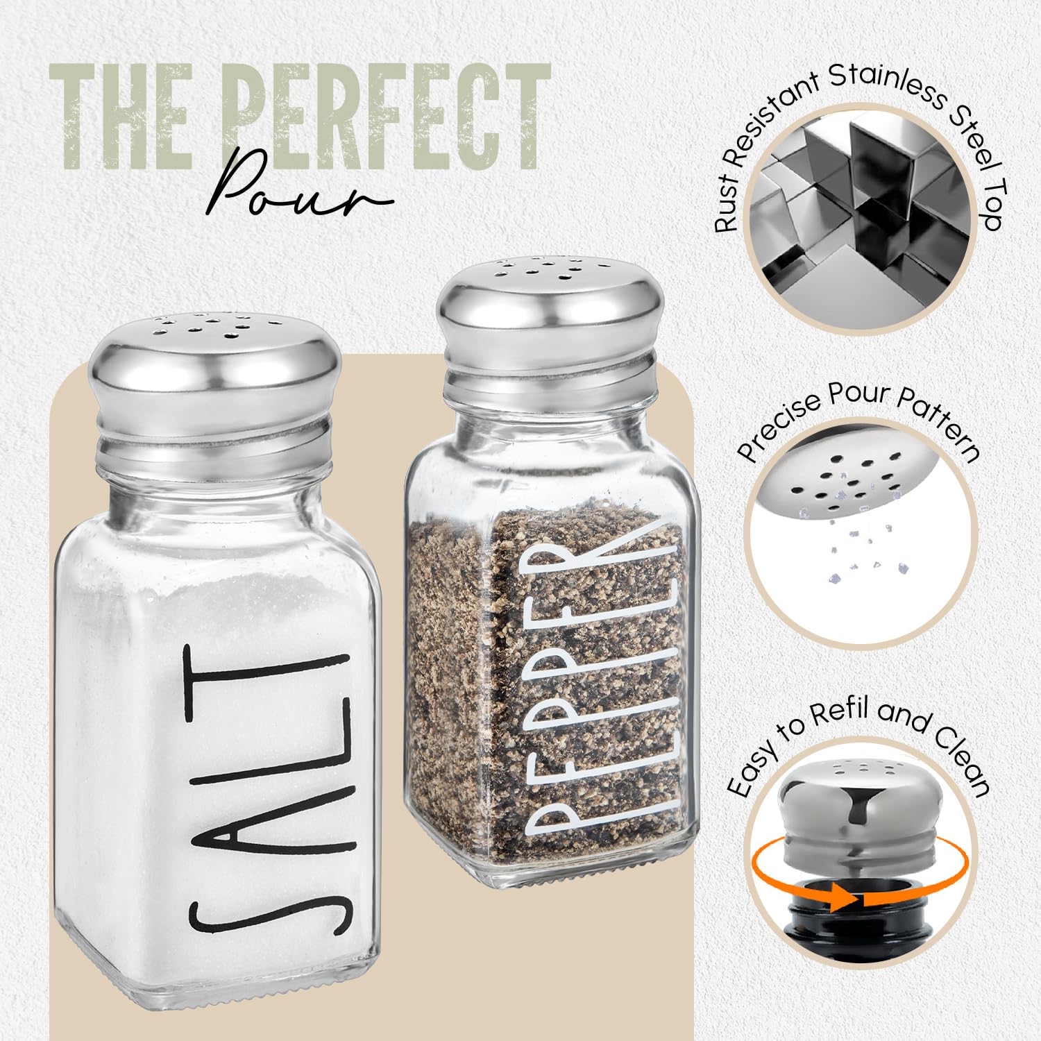 Premium Clear Glass Salt and Pepper Shakers Set with Stainless Steel Lids - Modern Farmhouse Kitchen Decor for Home, Restaurant, BBQ, Camping & RV - Elegant Dining Table Accessories for Everyday Use and Entertaining