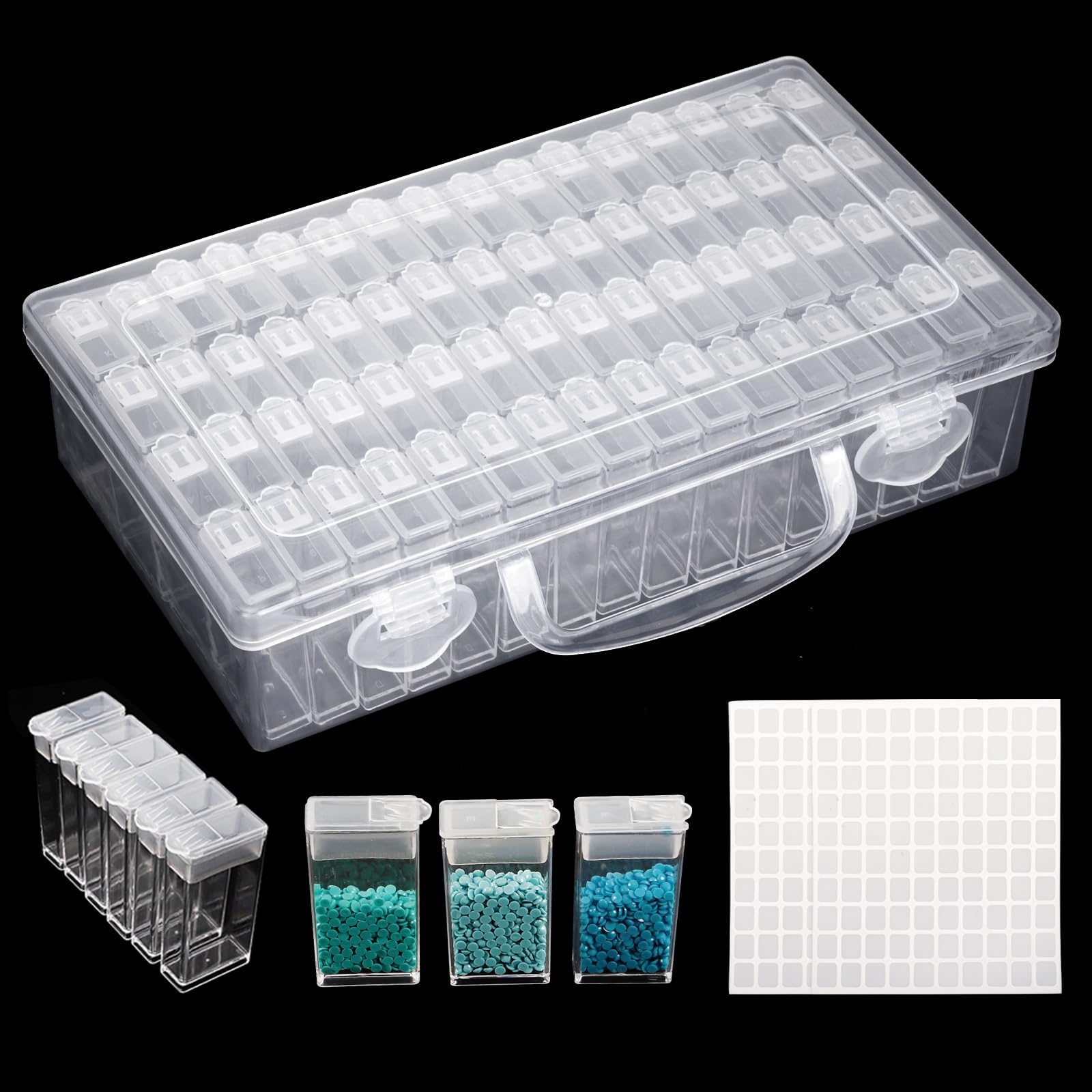64 Grid Diamond Painting Storage Box with Adjustable Dividers - Bead Organizer for DIY Crafts, Jewelry Making & Art Supplies - Portable Plastic Container with Label Stickers | Perfect for Diamond Art Kits, Scrapbooking & Home Organization