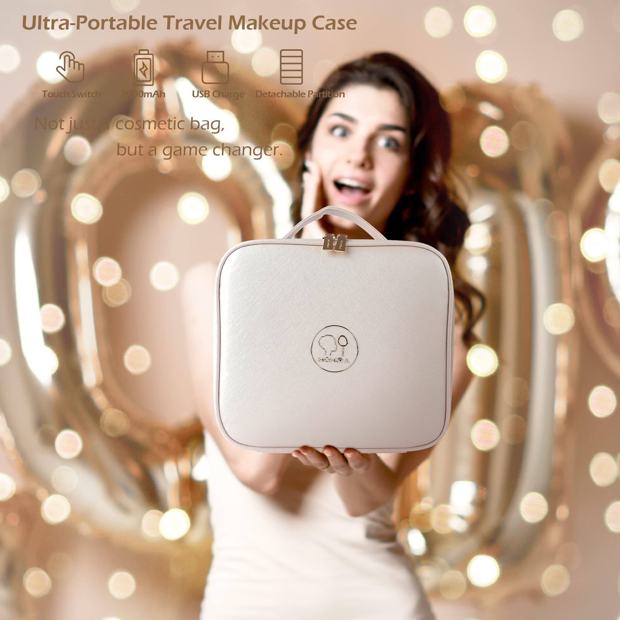 MOMIRA Large Lighted Travel Makeup Bag with Adjustable Brightness Mirror - Waterproof Cosmetic Organizer Case for Women, 3 Color Modes, Perfect Makeup Train Case & Toiletry Gift for Travel, Home, and Salon Use